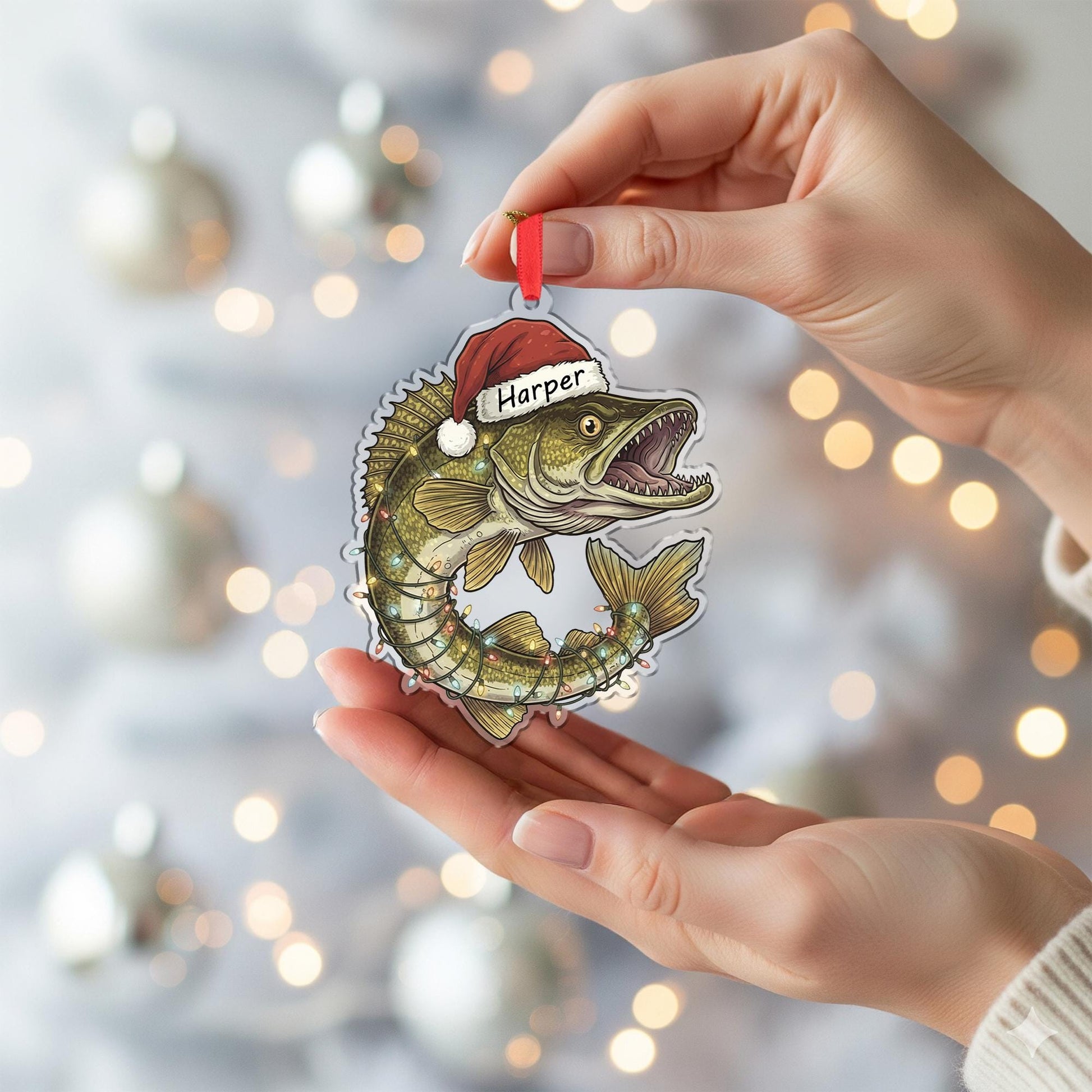 Personalized Walleye Fishing Christmas Ornament, Custom Name Fish with Santa Hat, Funny Angler Gift for Dad, Fisherman Xmas Tree Decor