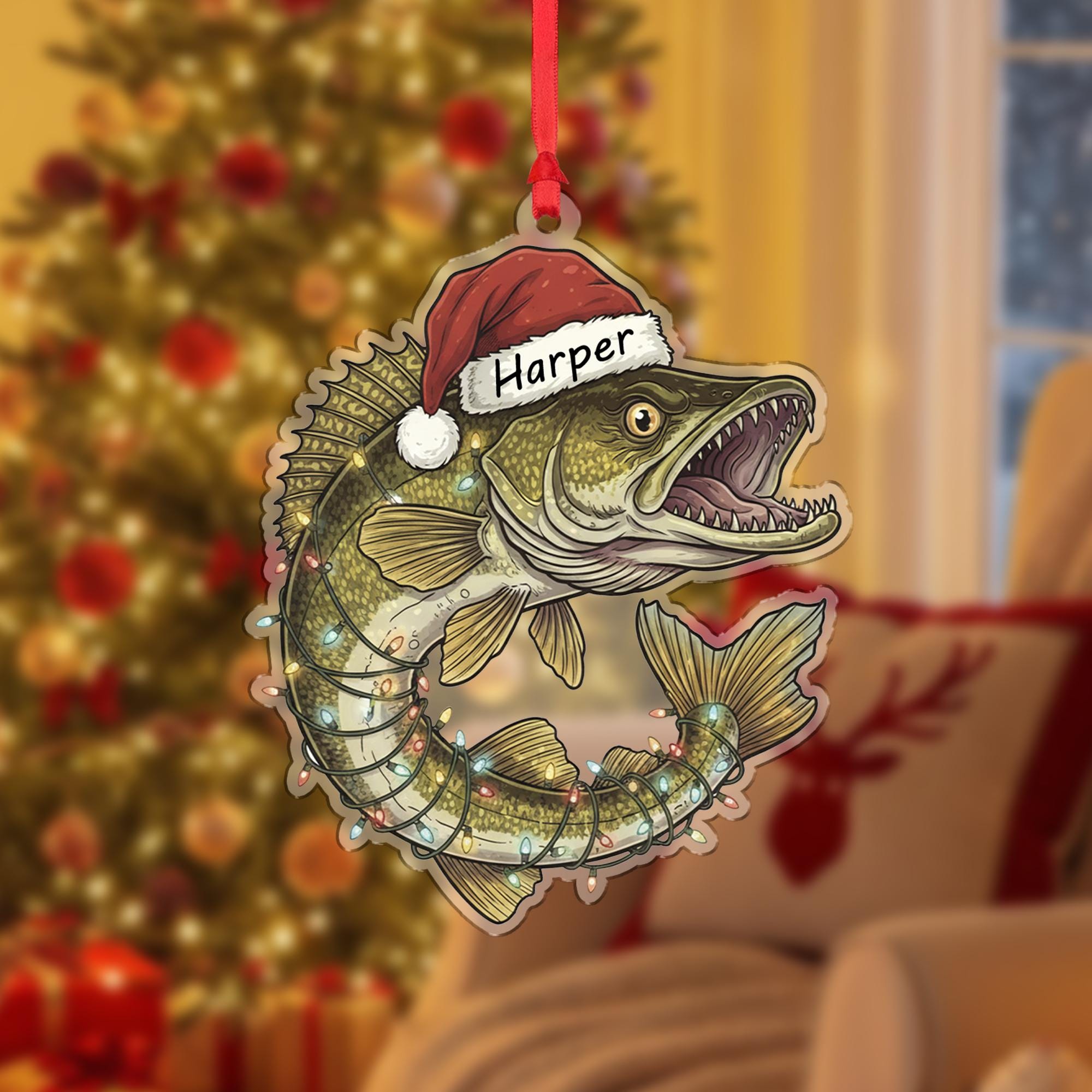 Personalized Walleye Fishing Christmas Ornament, Custom Name Fish with Santa Hat, Funny Angler Gift for Dad, Fisherman Xmas Tree Decor