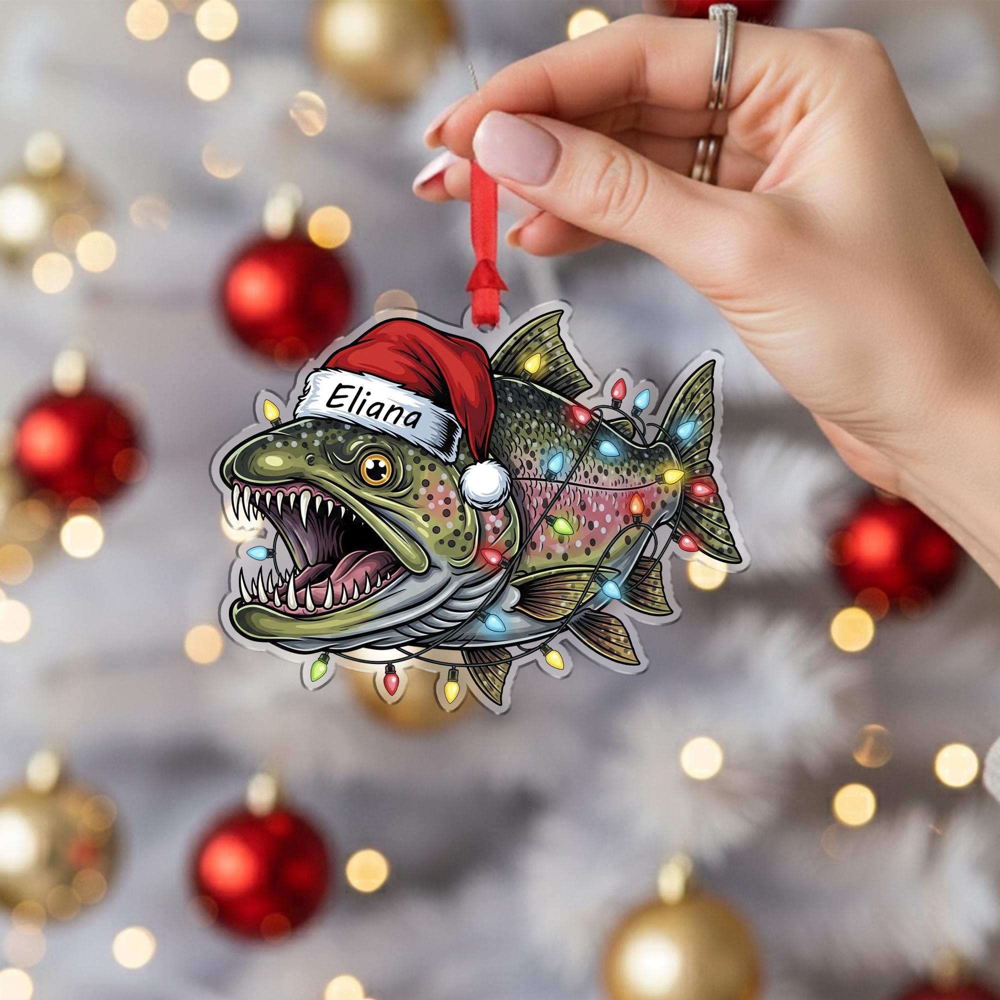 Personalized Trout Fishing Ornament, Custom Name Fisherman Gift, Fish with Santa Hat and Lights, Angler Christmas Decor