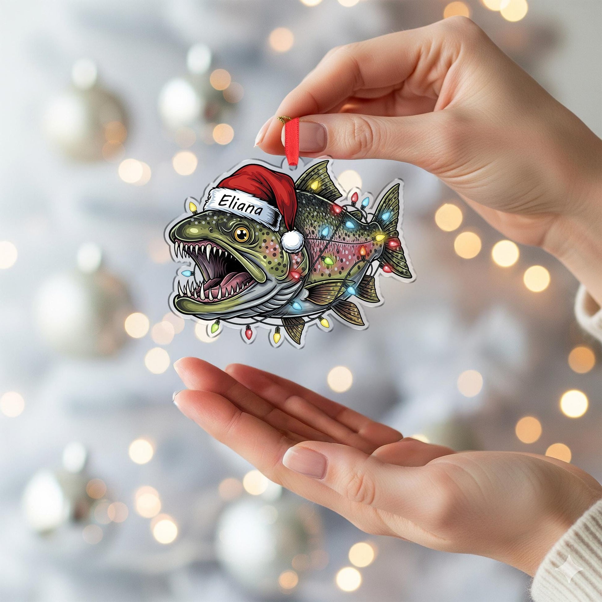 Personalized Trout Fishing Ornament, Custom Name Fisherman Gift, Fish with Santa Hat and Lights, Angler Christmas Decor