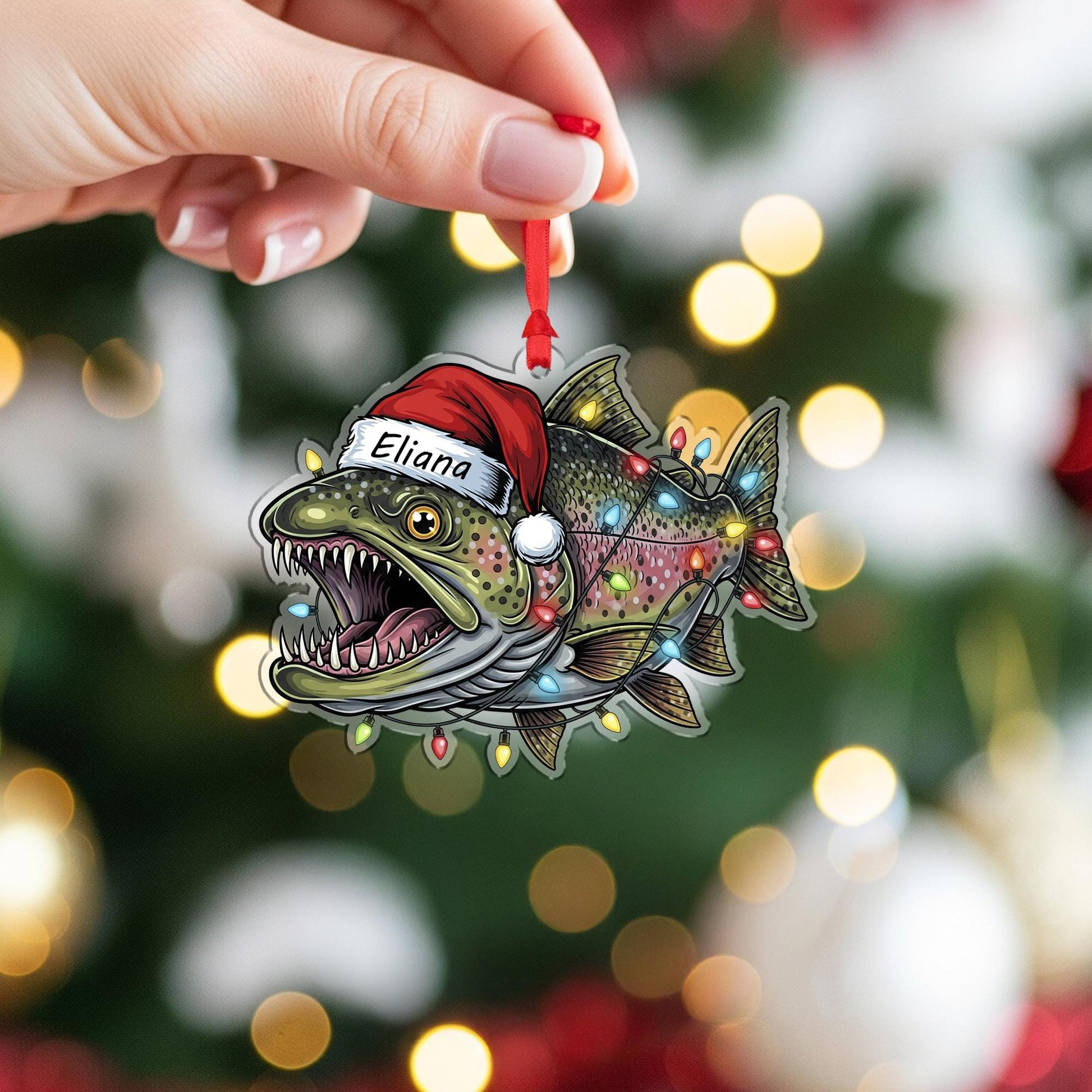Personalized Trout Fishing Ornament, Custom Name Fisherman Gift, Fish with Santa Hat and Lights, Angler Christmas Decor