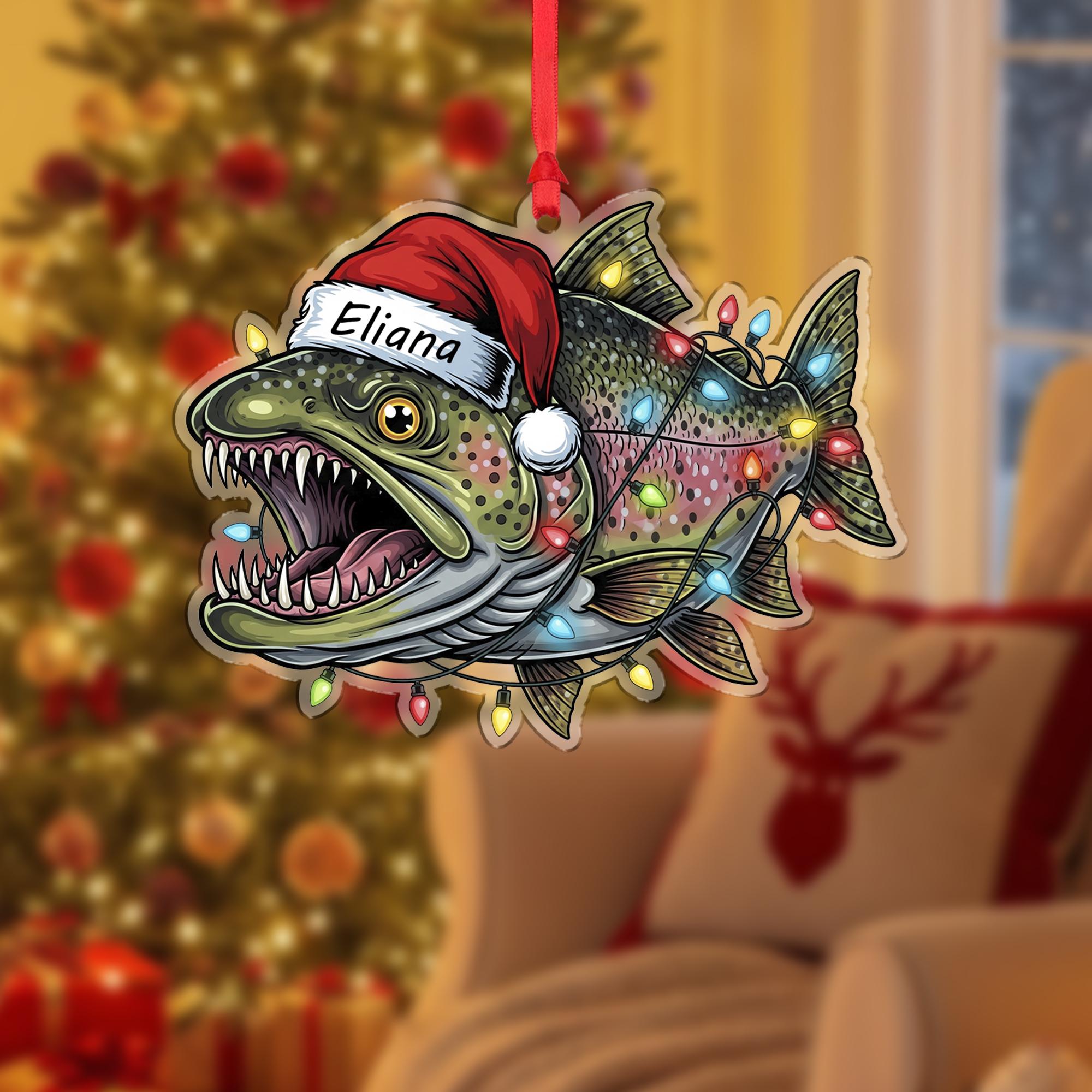 Personalized Trout Fishing Ornament, Custom Name Fisherman Gift, Fish with Santa Hat and Lights, Angler Christmas Decor