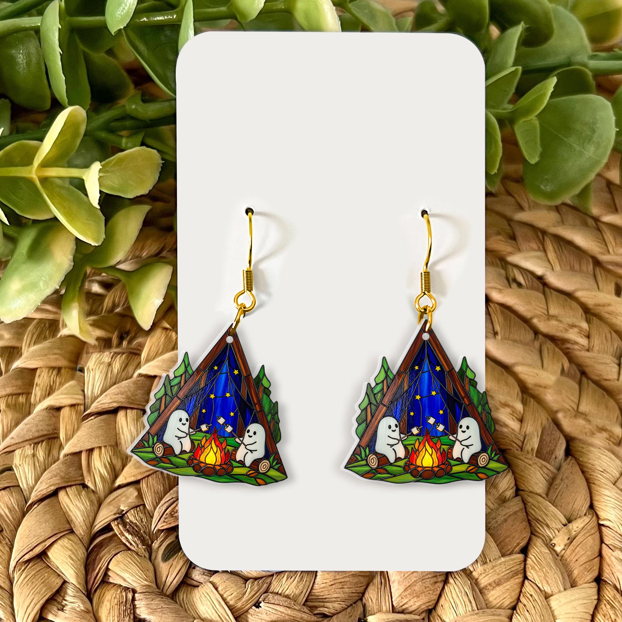 Camping Tent Earrings: Ghost Campfire Night Sky, Spooky Forest Jewelry