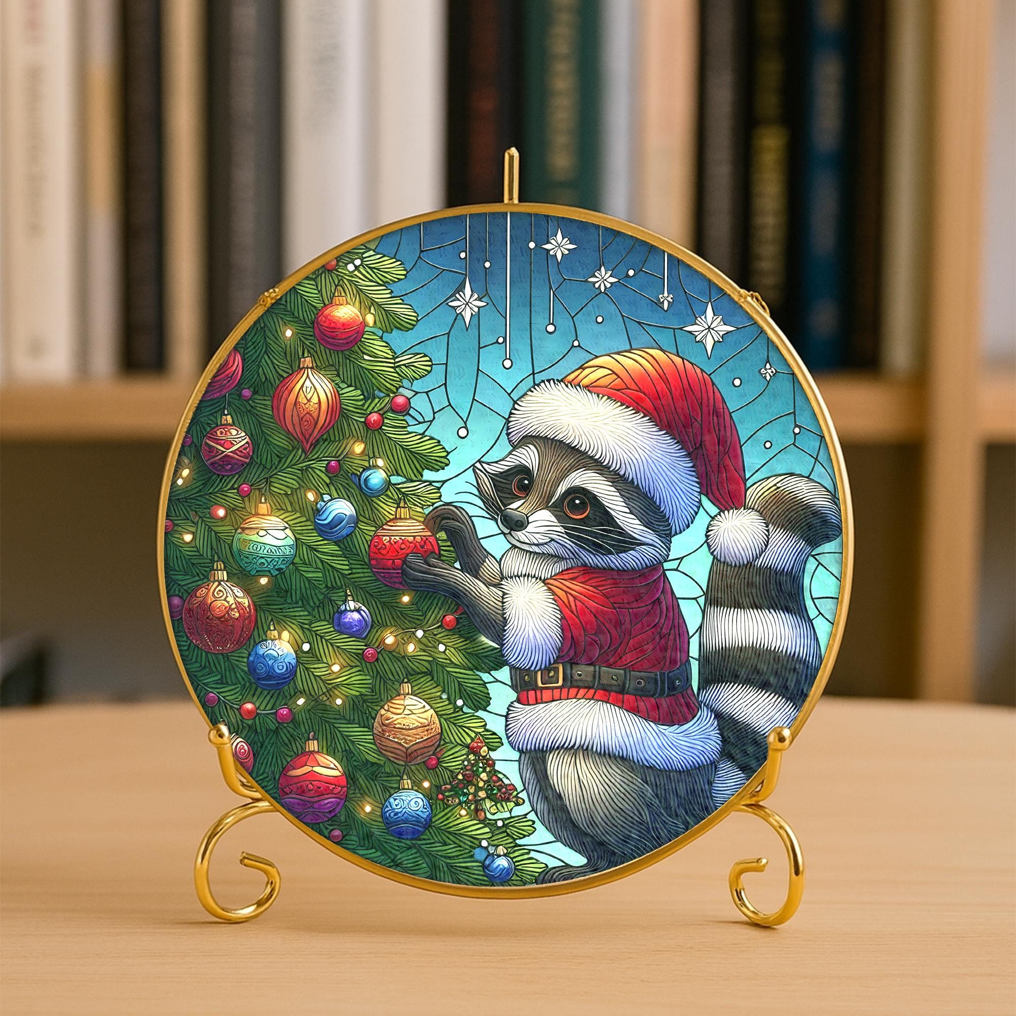 Glass Suncatcher Raccoon Santa Hat Christmas Tree Holiday Decor