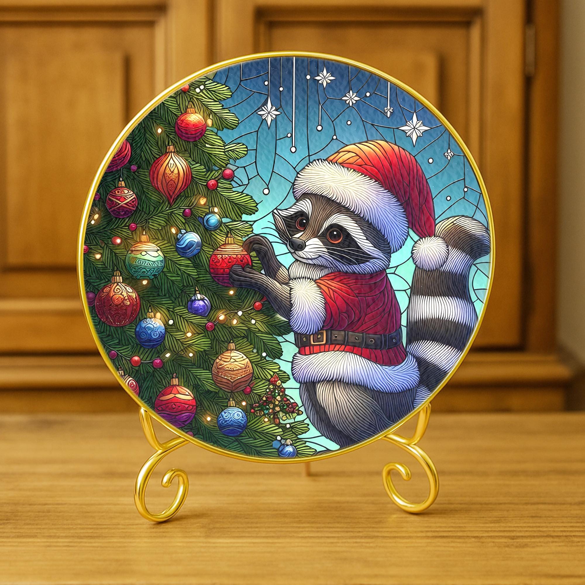 Glass Suncatcher Raccoon Santa Hat Christmas Tree Holiday Decor