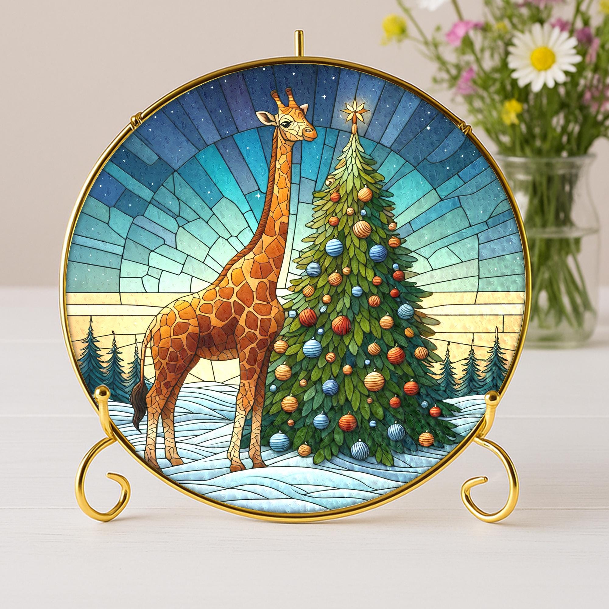 Glass Suncatcher Giraffe Christmas Tree Holiday Window Decor