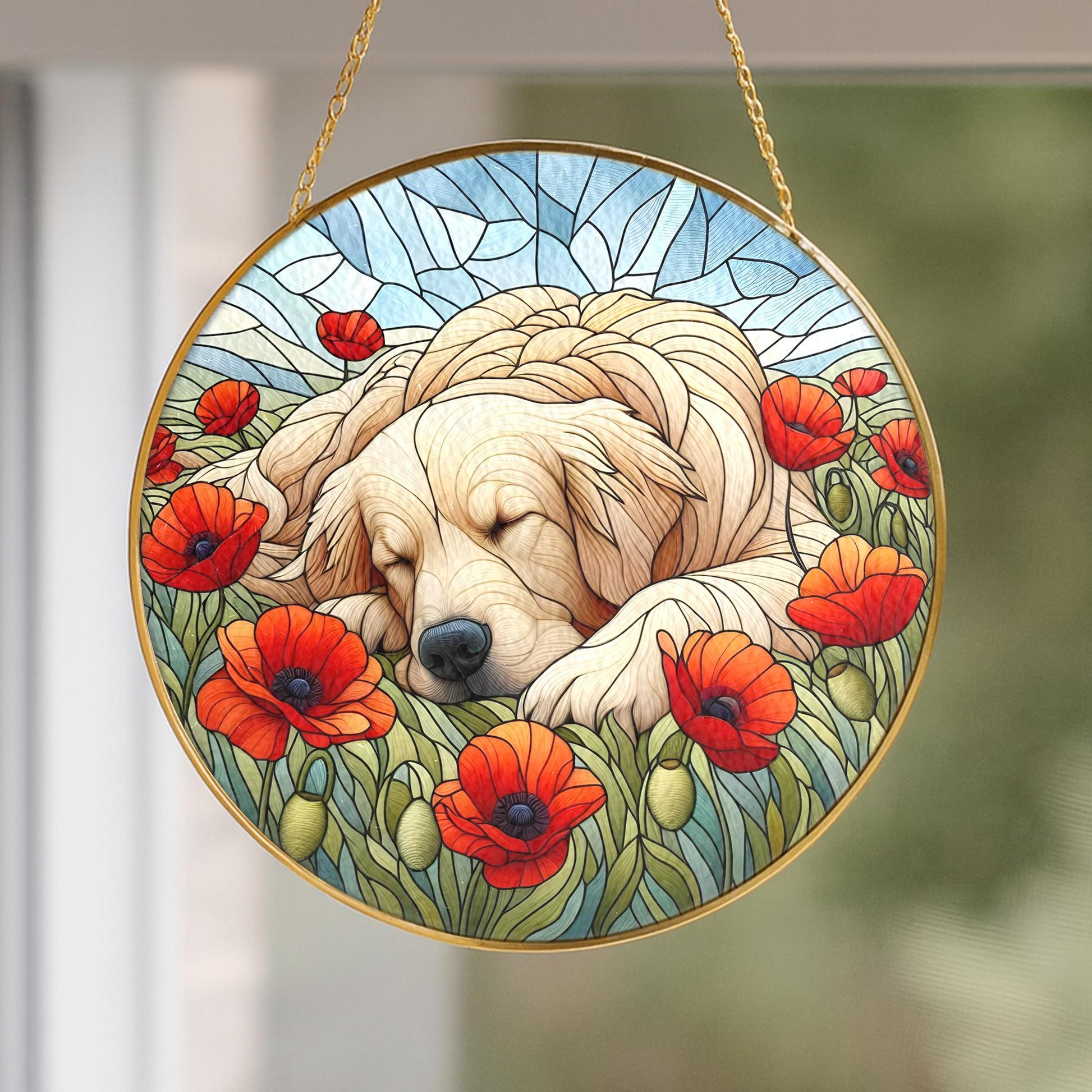 Dog Suncatcher with Poppies , Golden Retriever Gift, Pet Memorial Home Decor