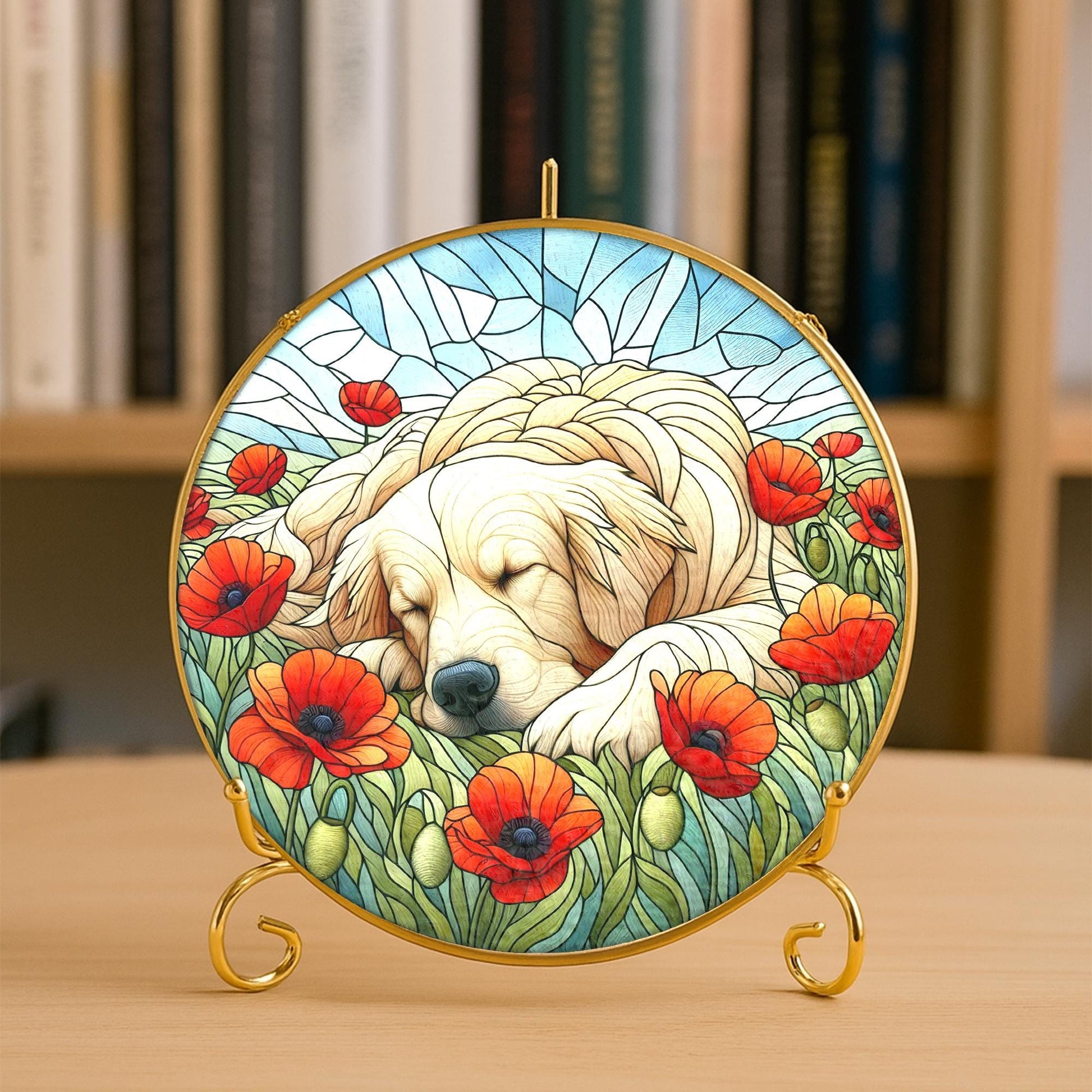 Dog Suncatcher with Poppies , Golden Retriever Gift, Pet Memorial Home Decor