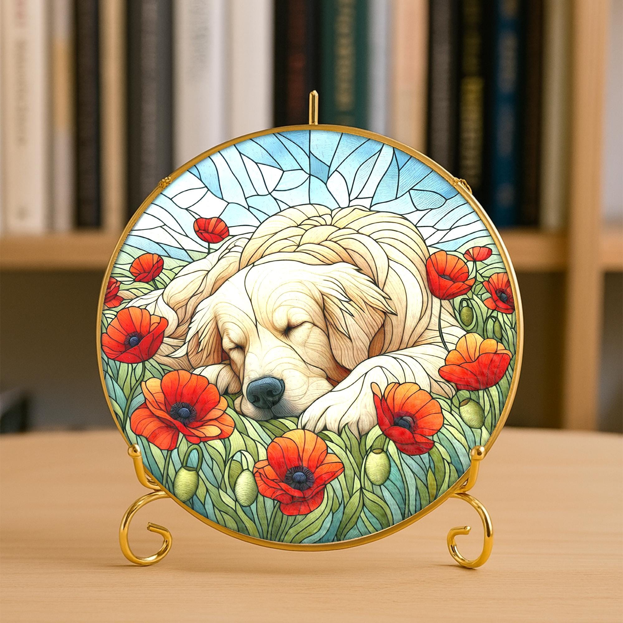 Dog Suncatcher with Poppies , Golden Retriever Gift, Pet Memorial Home Decor
