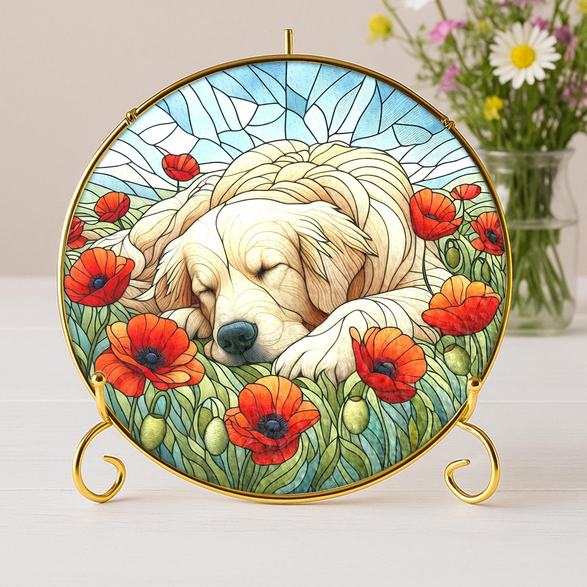 Dog Suncatcher with Poppies , Golden Retriever Gift, Pet Memorial Home Decor