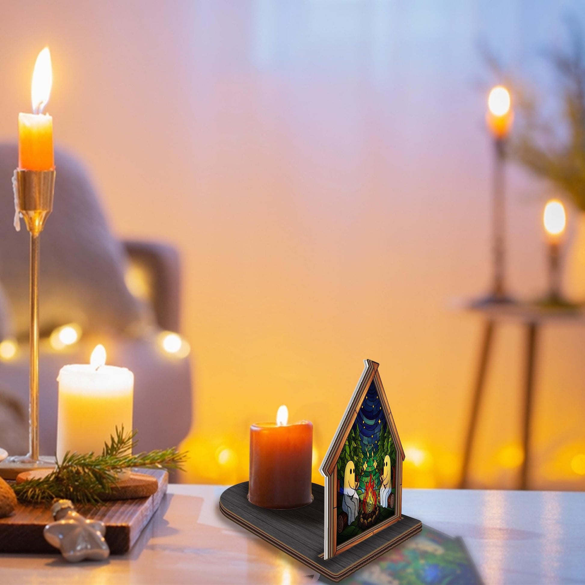 Ghost Campfire Candle Holder – Wood and Acrylic Forest Scene Decor