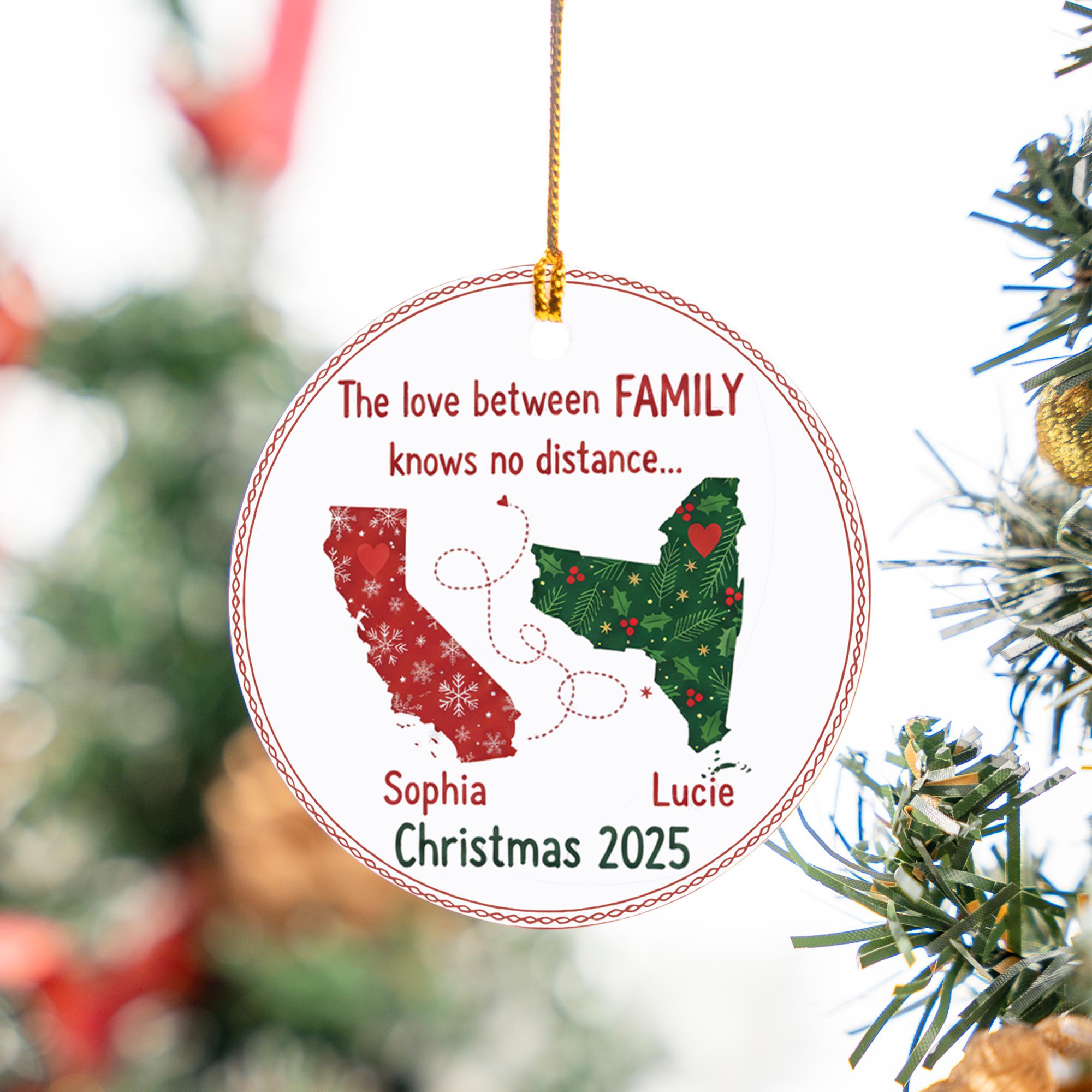 Personalized Family Distance Ornament: Custom State Map Christmas Decoration with Names