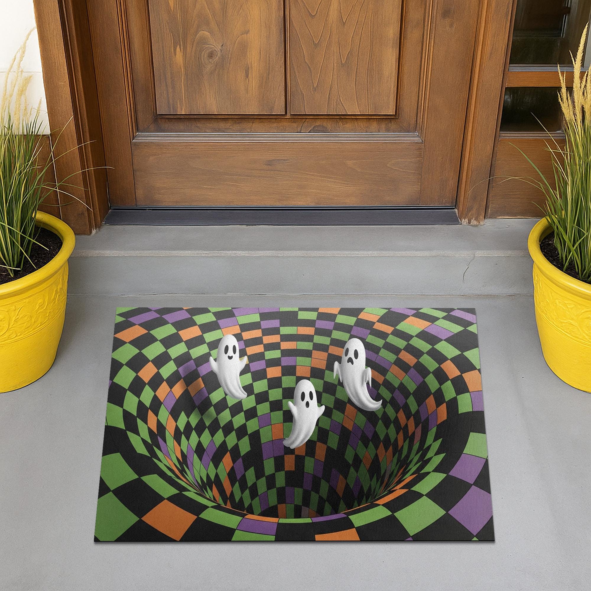 Halloween Ghost Doormat: 3D Illusion Checkerboard Entry Rug for Front Porch Decor