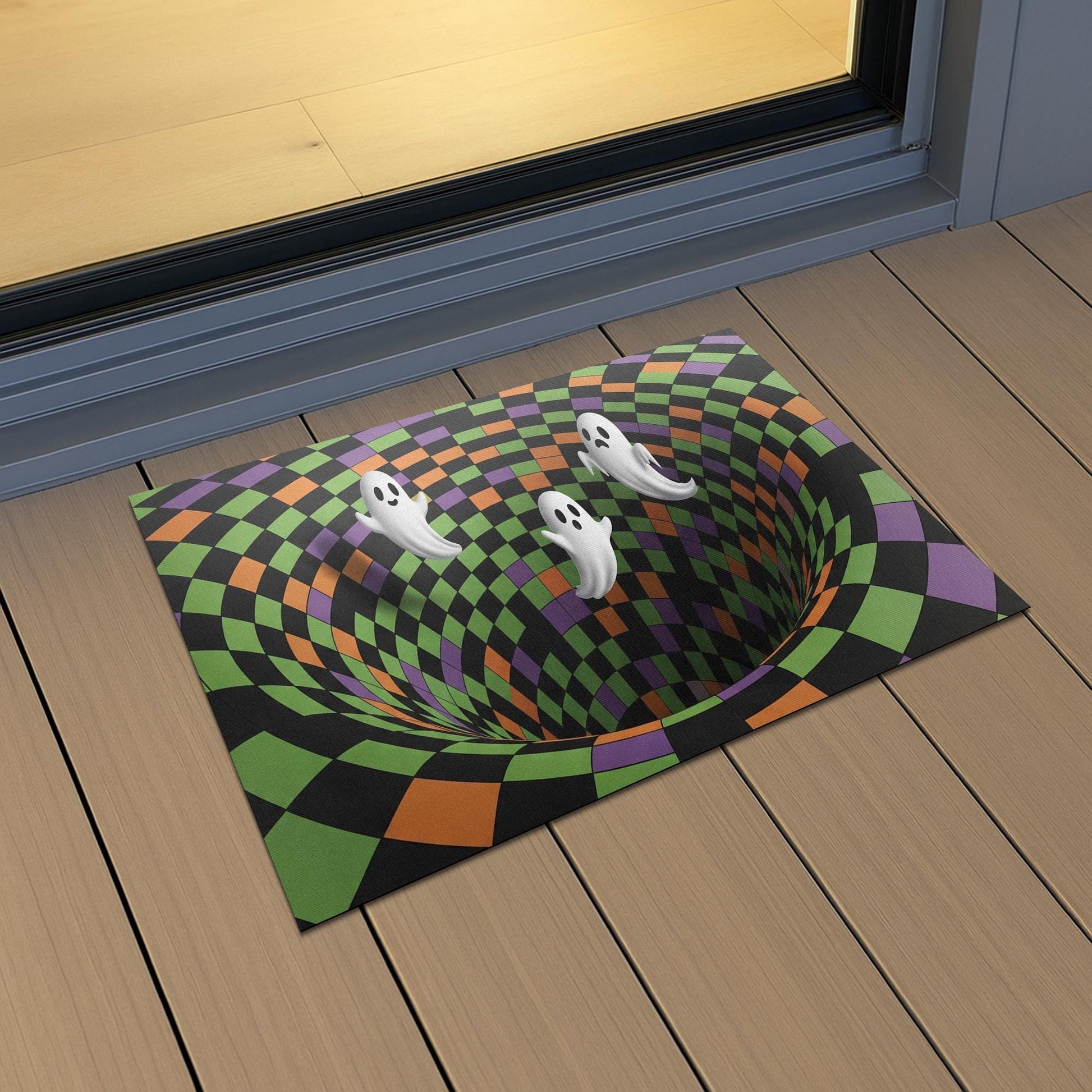Halloween Ghost Doormat: 3D Illusion Checkerboard Entry Rug for Front Porch Decor