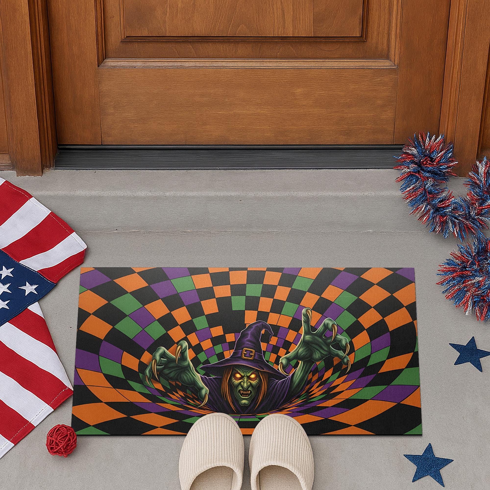 Halloween Witch Doormat: 3D Illusion Checkerboard Entry Rug for Spooky Porch Decor