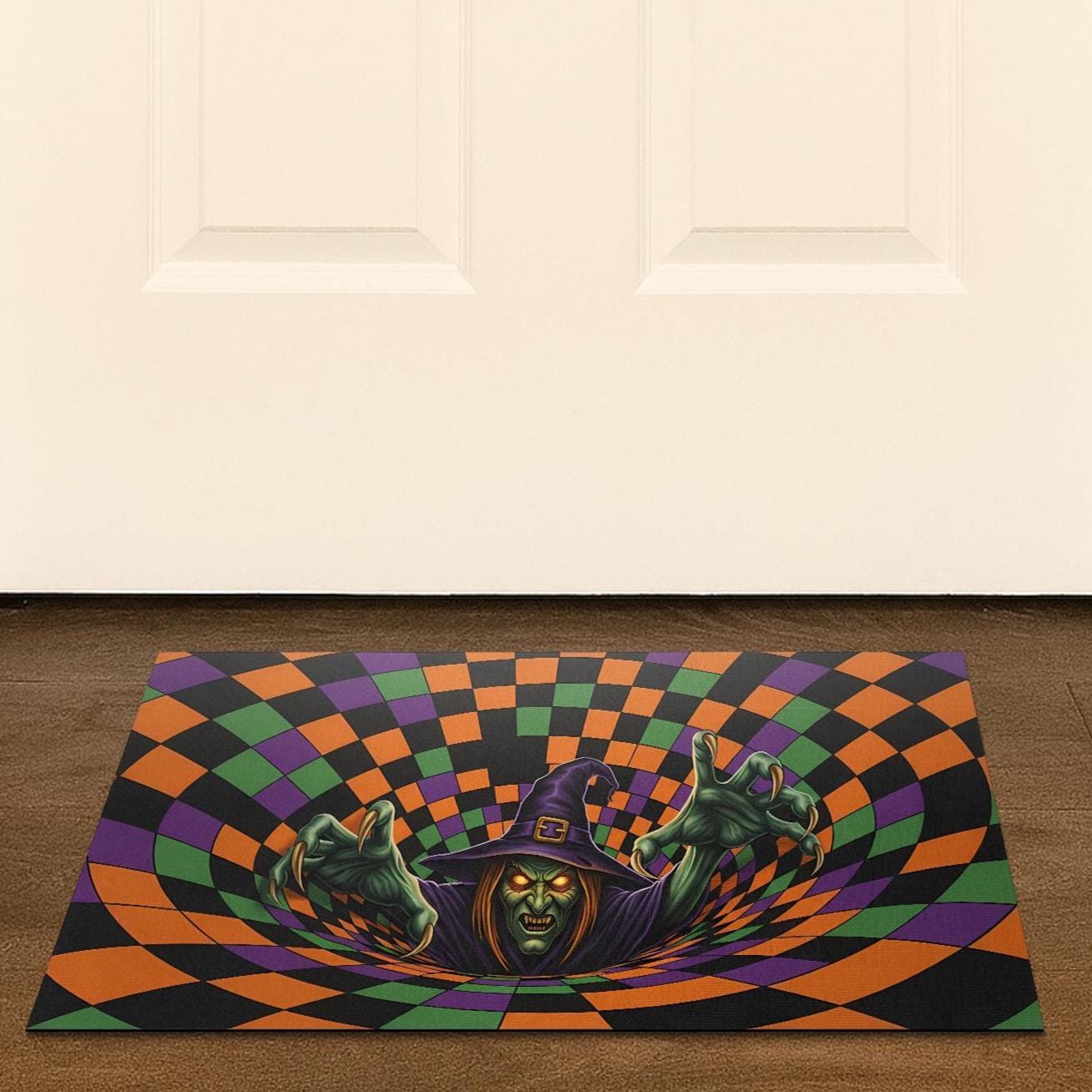 Halloween Witch Doormat: 3D Illusion Checkerboard Entry Rug for Spooky Porch Decor