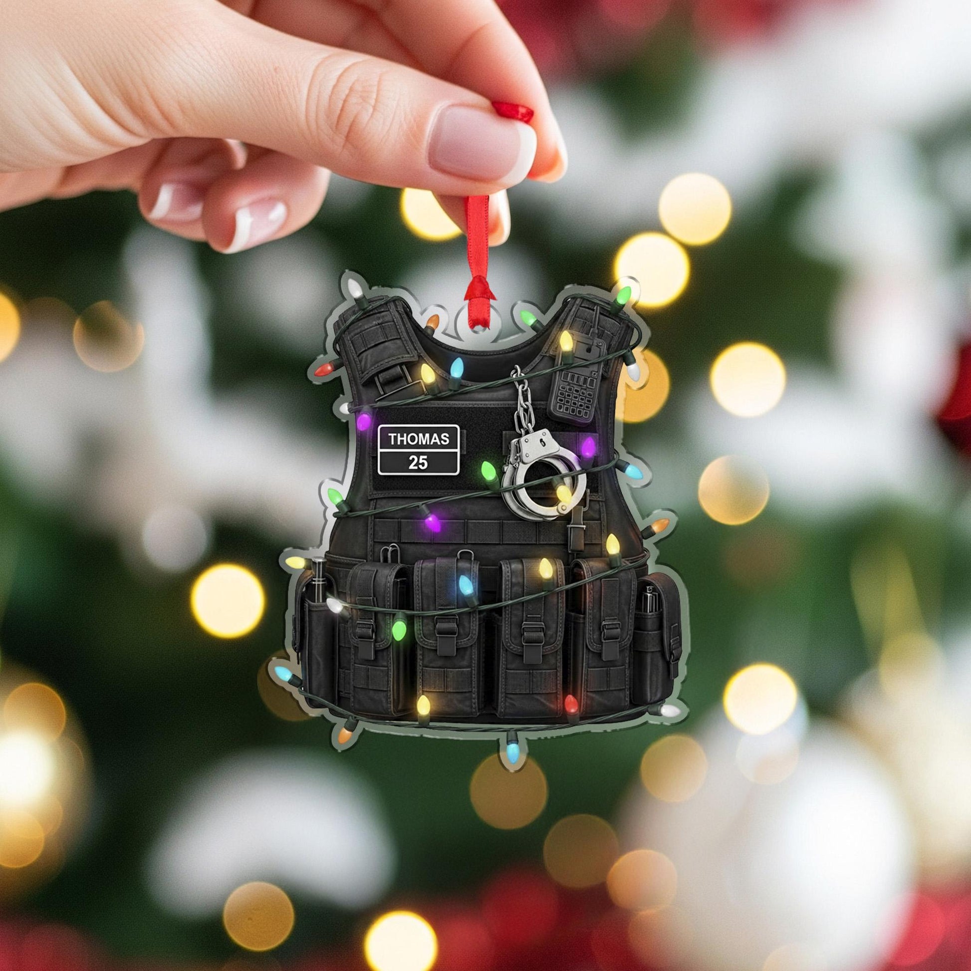 Personalized Police Ornament: Tactical Gear Christmas Decoration with Handcuffs and Lights