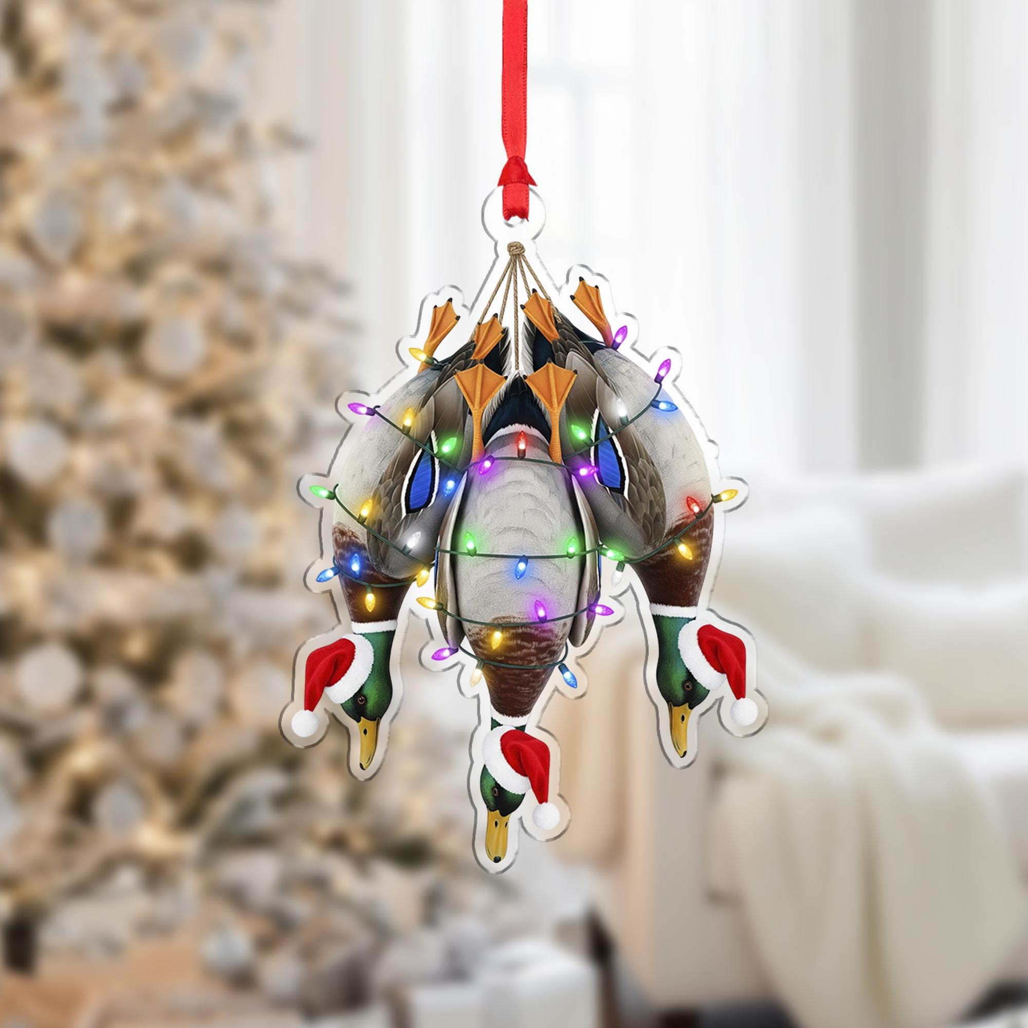 Duck Hunting Ornament: Mallard Christmas Decoration with Santa Hats and Holiday Lights