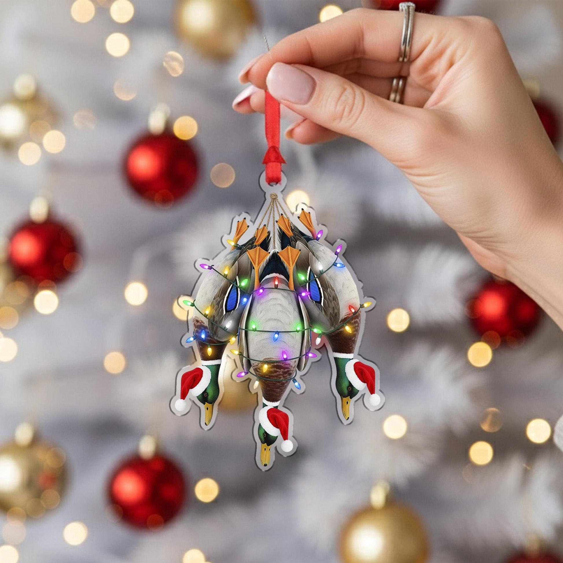 Duck Hunting Ornament: Mallard Christmas Decoration with Santa Hats and Holiday Lights