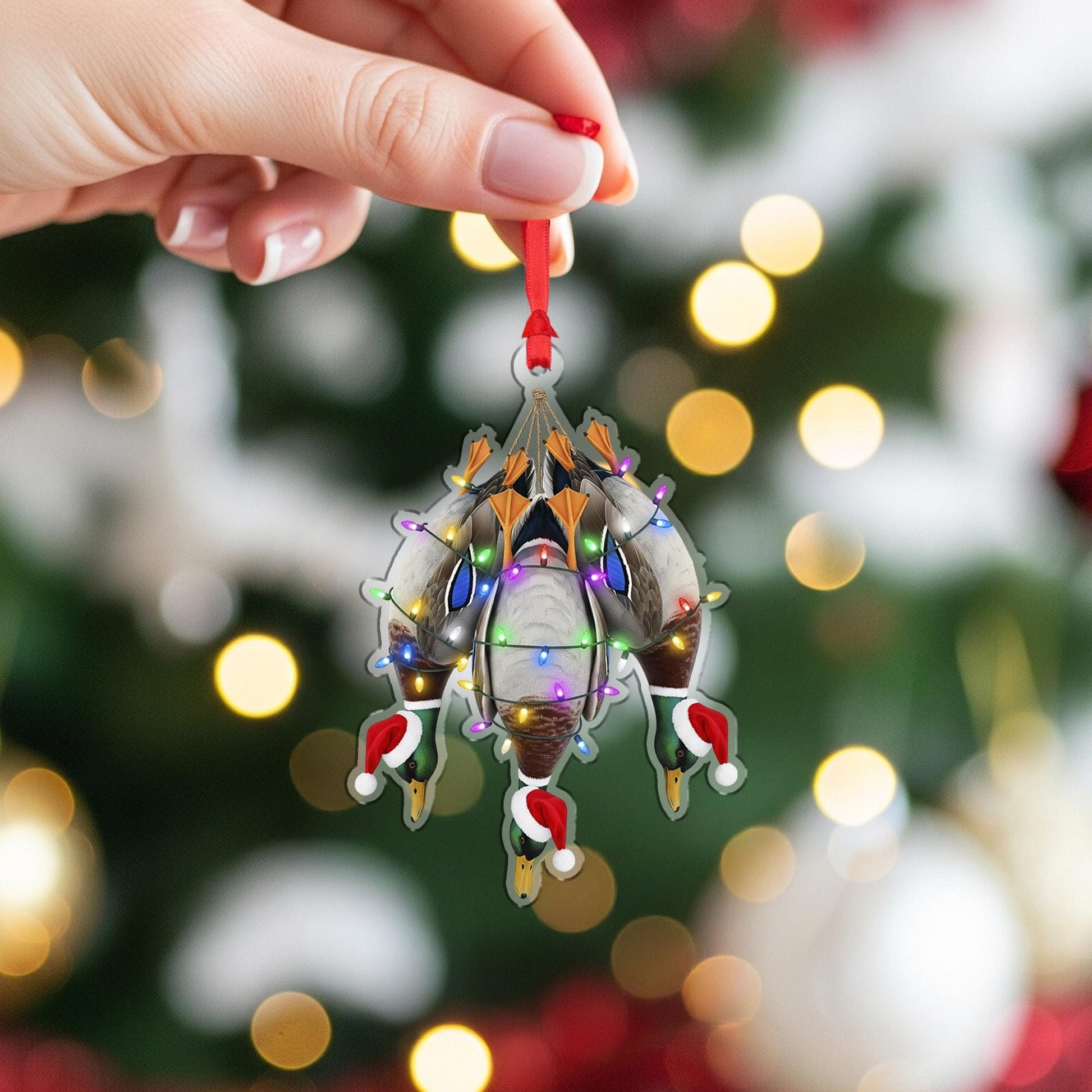 Duck Hunting Ornament: Mallard Christmas Decoration with Santa Hats and Holiday Lights