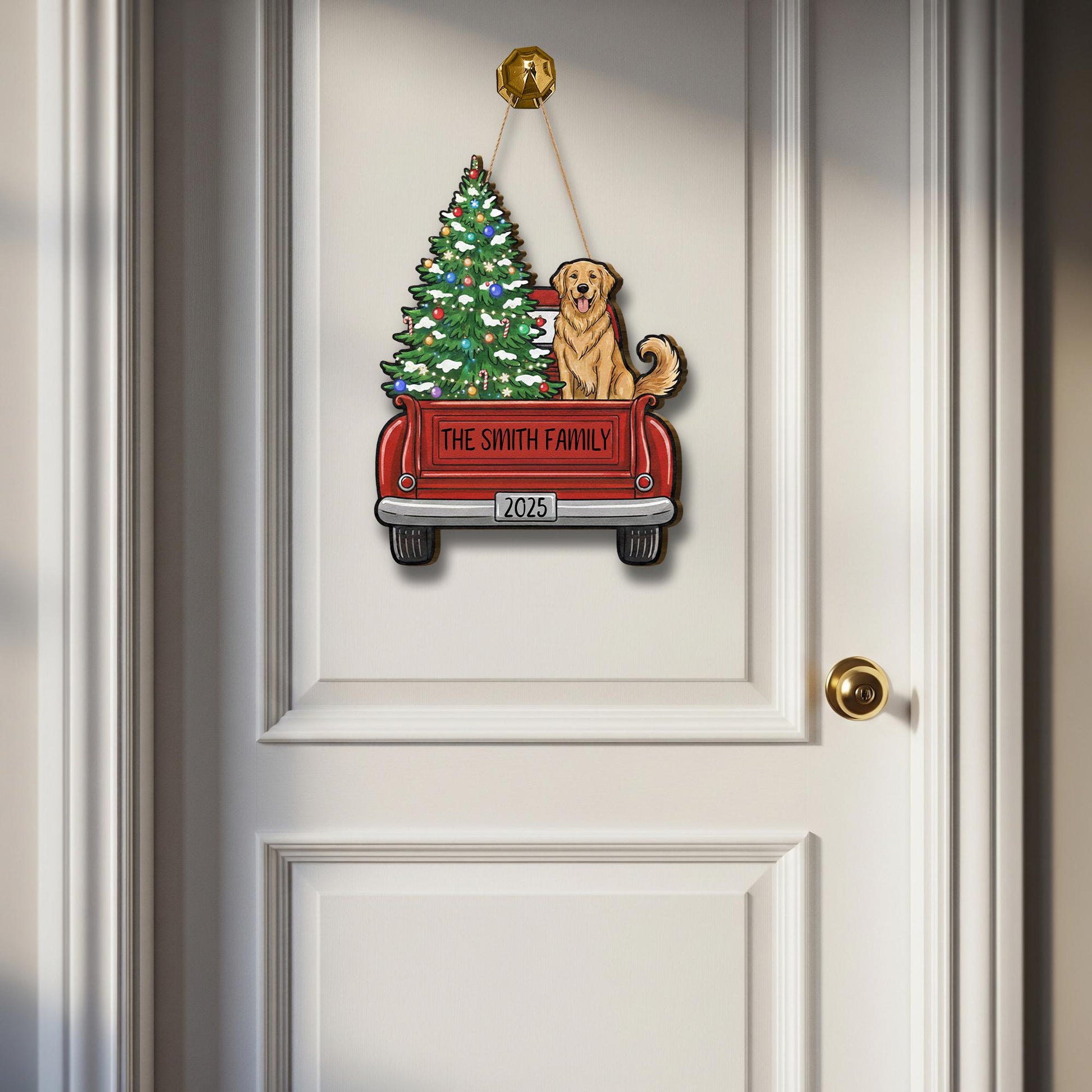 Personalized Family Christmas Door Sign: Red Truck with Dog and Tree Hanging Decoration 2025