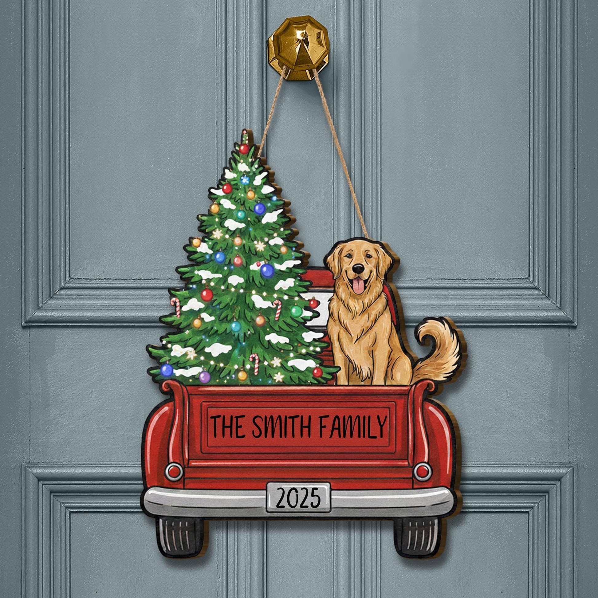 Personalized Family Christmas Door Sign: Red Truck with Dog and Tree Hanging Decoration 2025