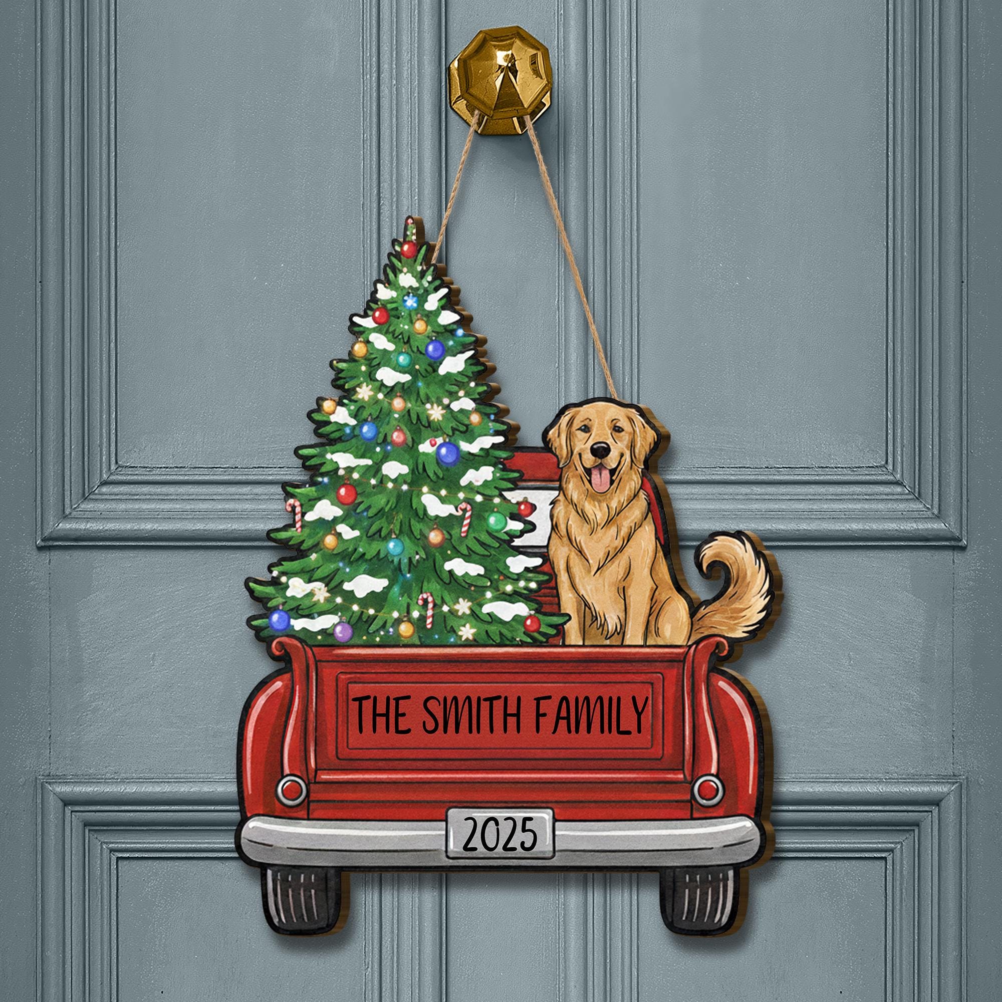 Personalized Family Christmas Door Sign: Red Truck with Dog and Tree Hanging Decoration 2025
