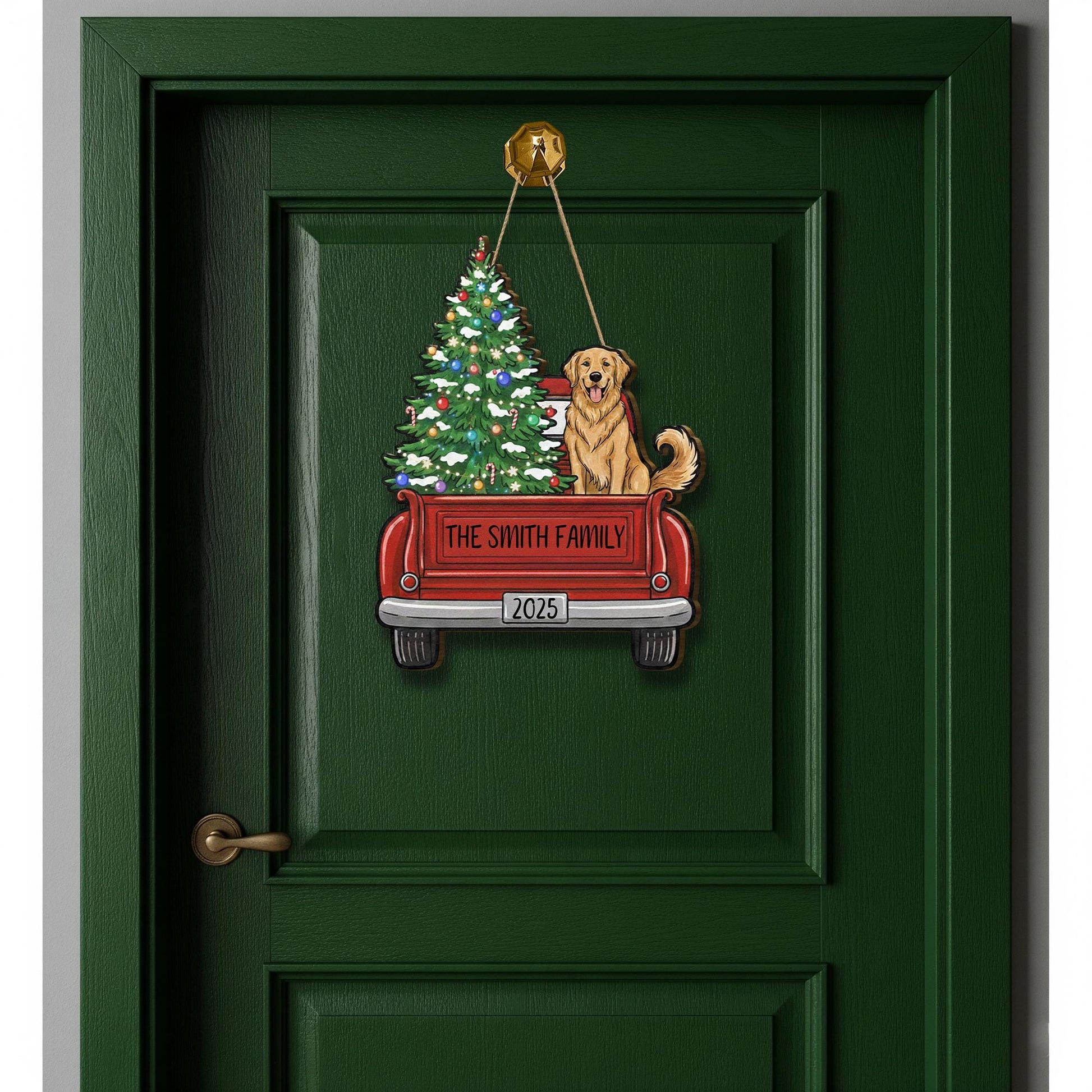 Personalized Family Christmas Door Sign: Red Truck with Dog and Tree Hanging Decoration 2025