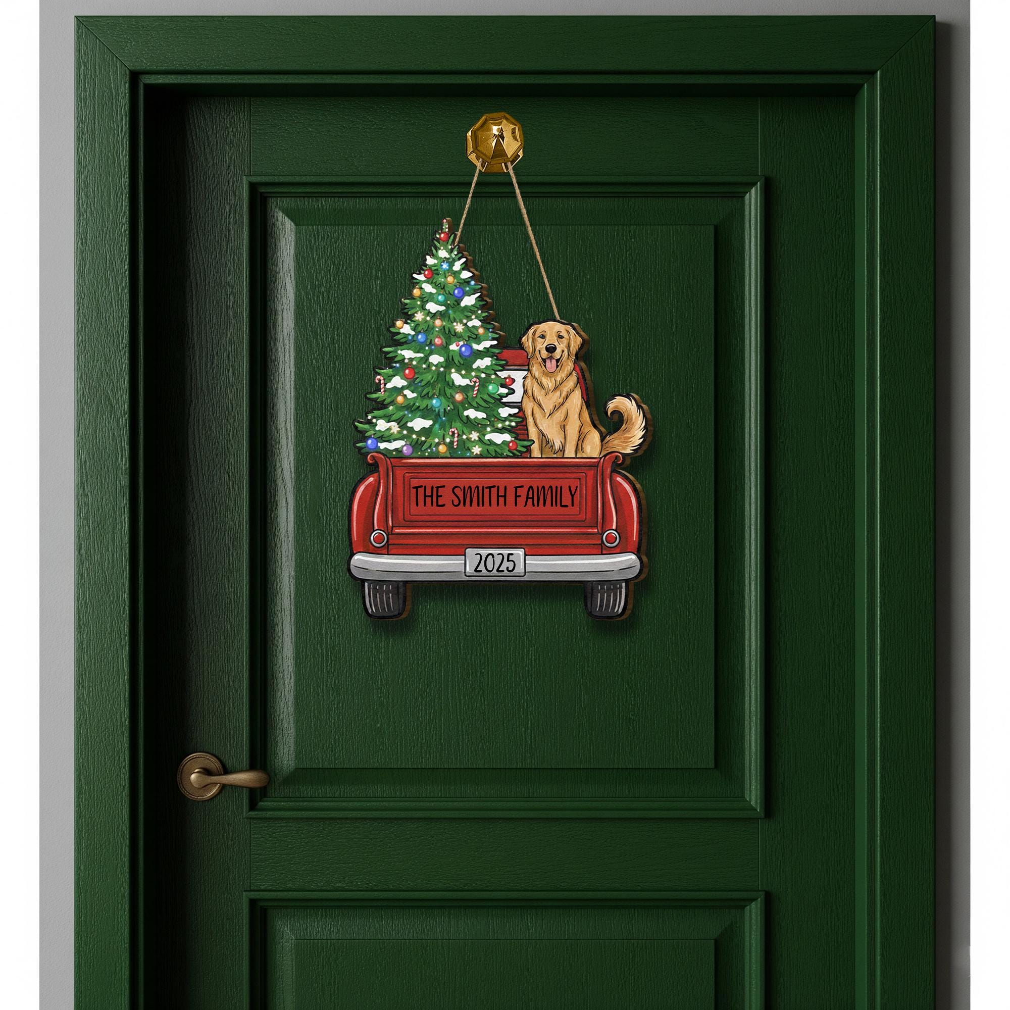 Personalized Family Christmas Door Sign: Red Truck with Dog and Tree Hanging Decoration 2025