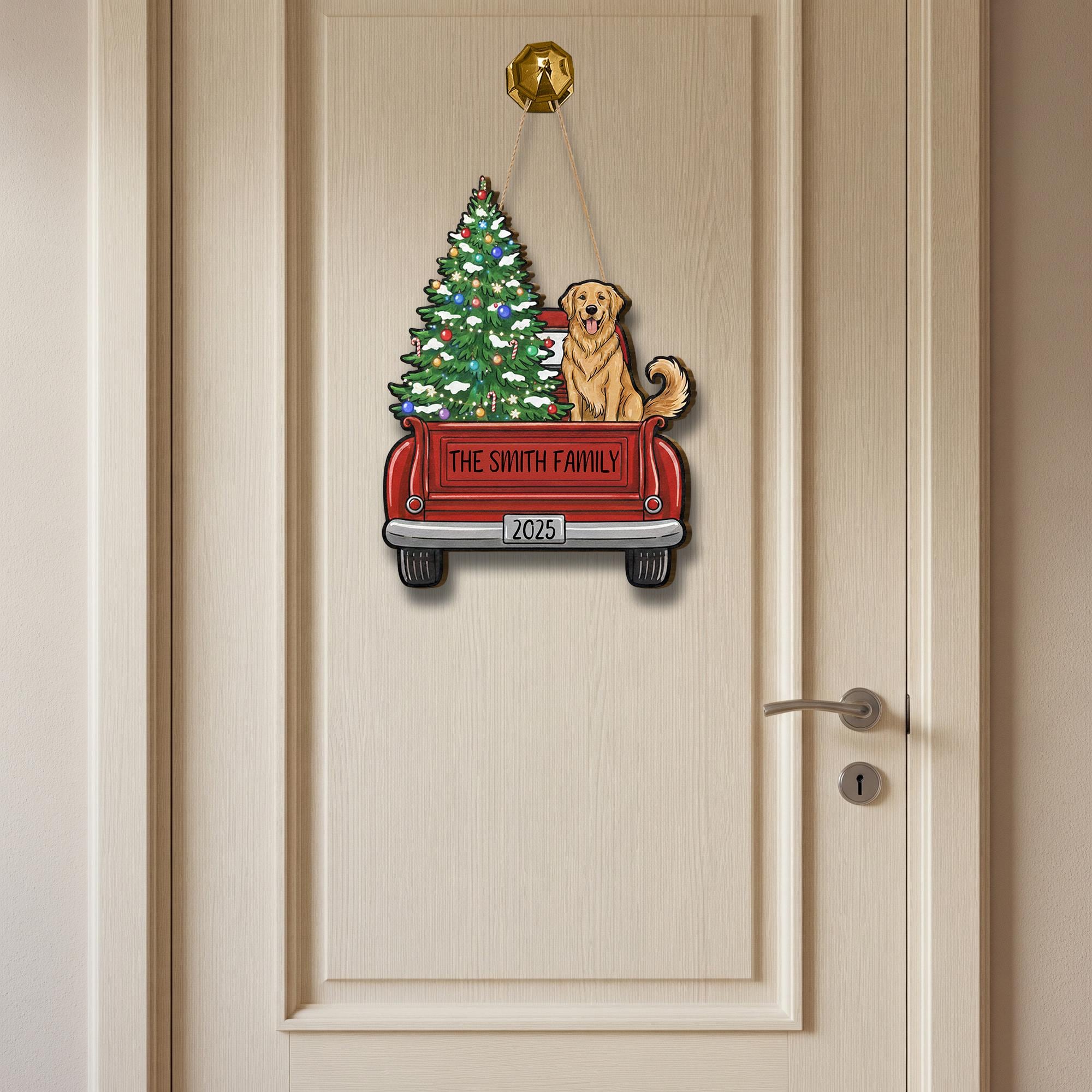 Personalized Family Christmas Door Sign: Red Truck with Dog and Tree Hanging Decoration 2025