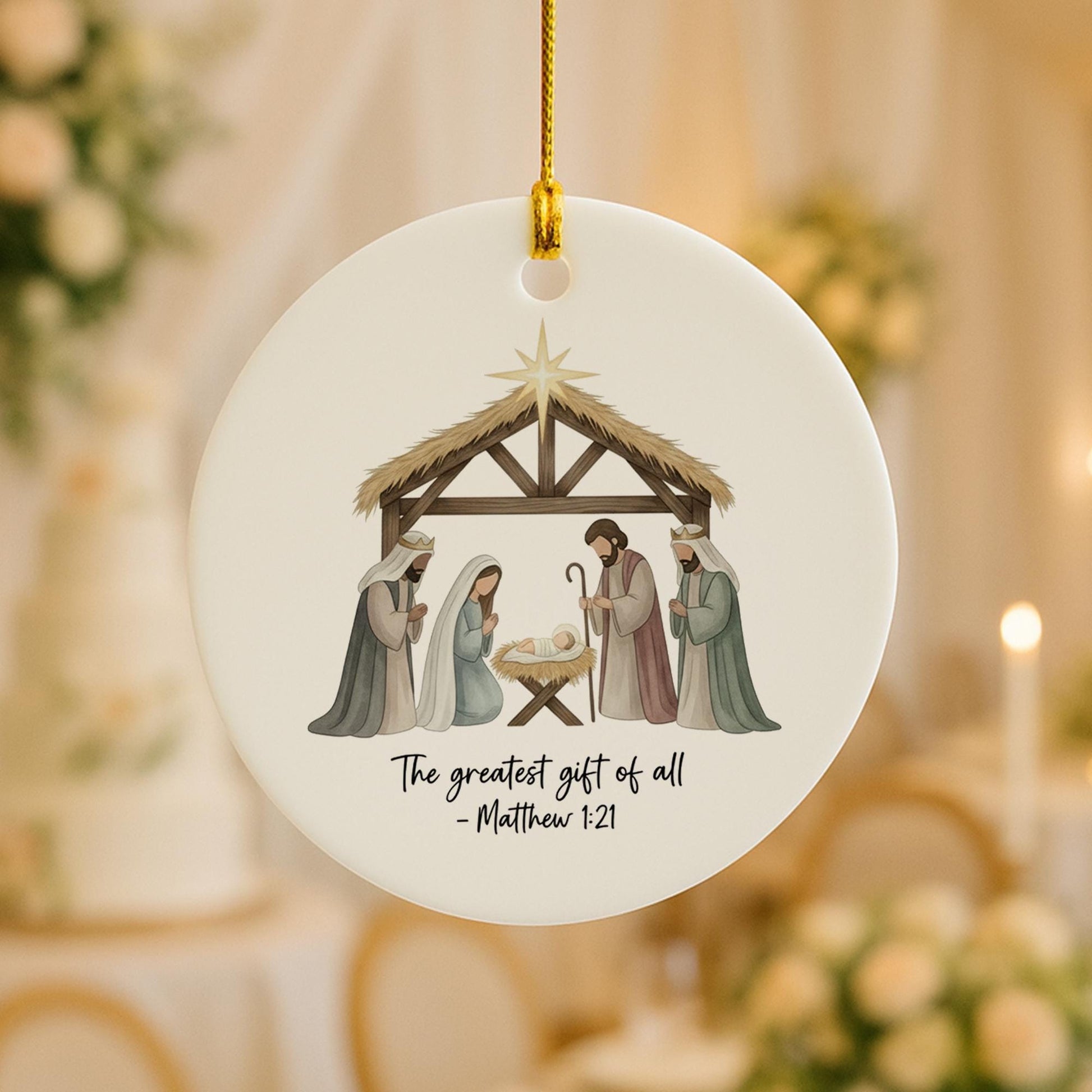 Nativity Scene Christmas Ornament: Ceramic Decoration with Holy Family and Matthew Scripture