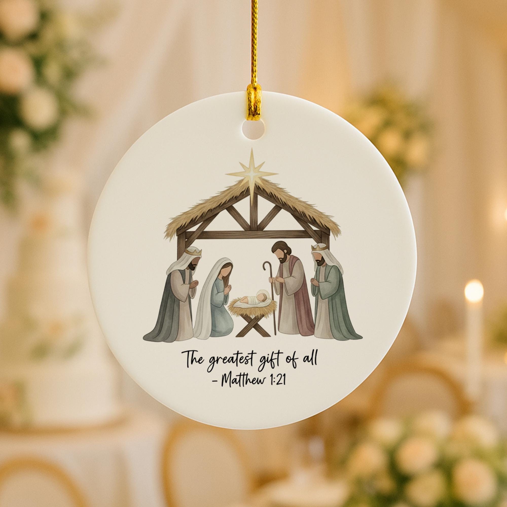 Nativity Scene Christmas Ornament: Ceramic Decoration with Holy Family and Matthew Scripture