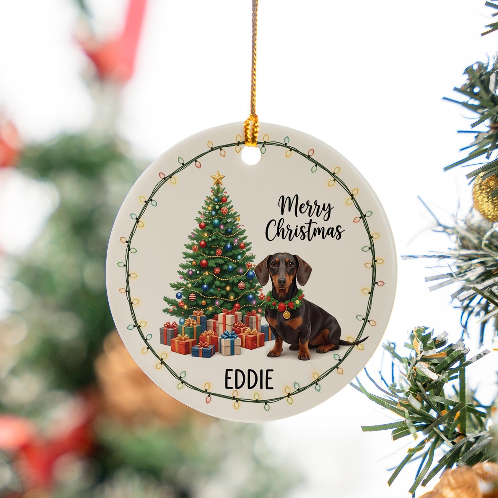 Personalized Ceramic Dog Christmas Ornament: Custom Pet Name, Tree & Lights
