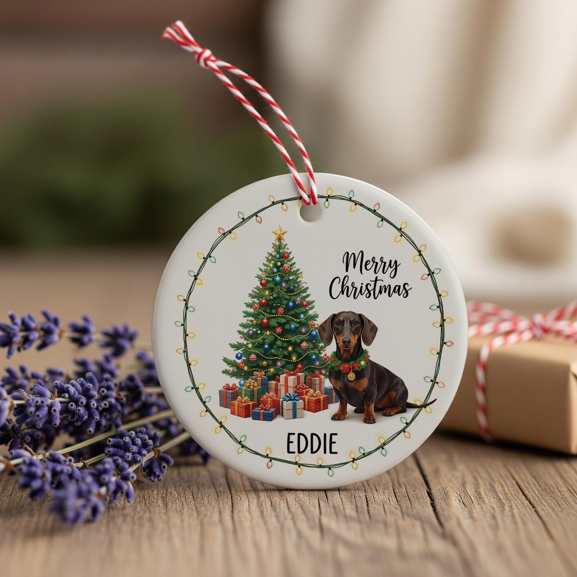 Personalized Ceramic Dog Christmas Ornament: Custom Pet Name, Tree & Lights