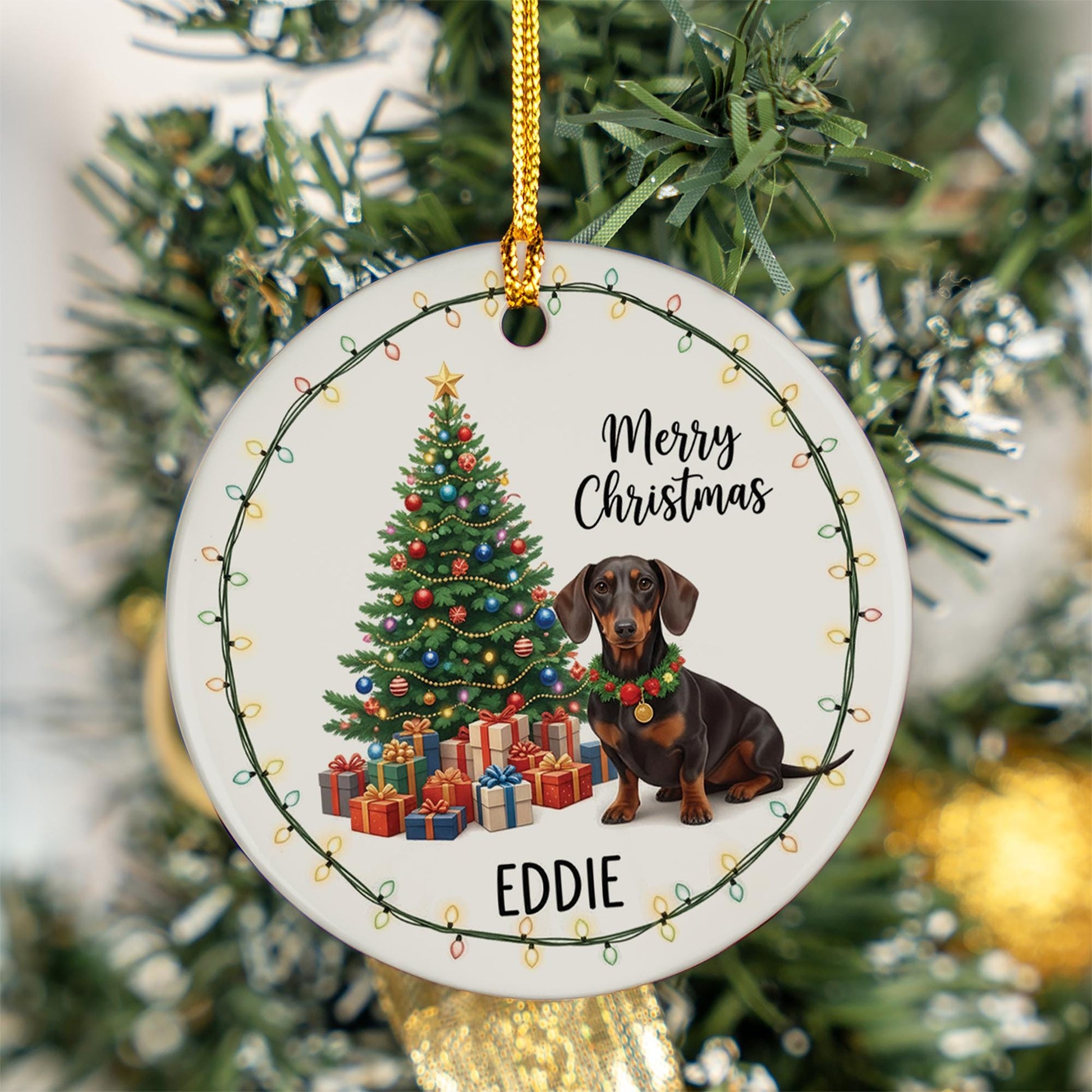 Personalized Ceramic Dog Christmas Ornament: Custom Pet Name, Tree & Lights