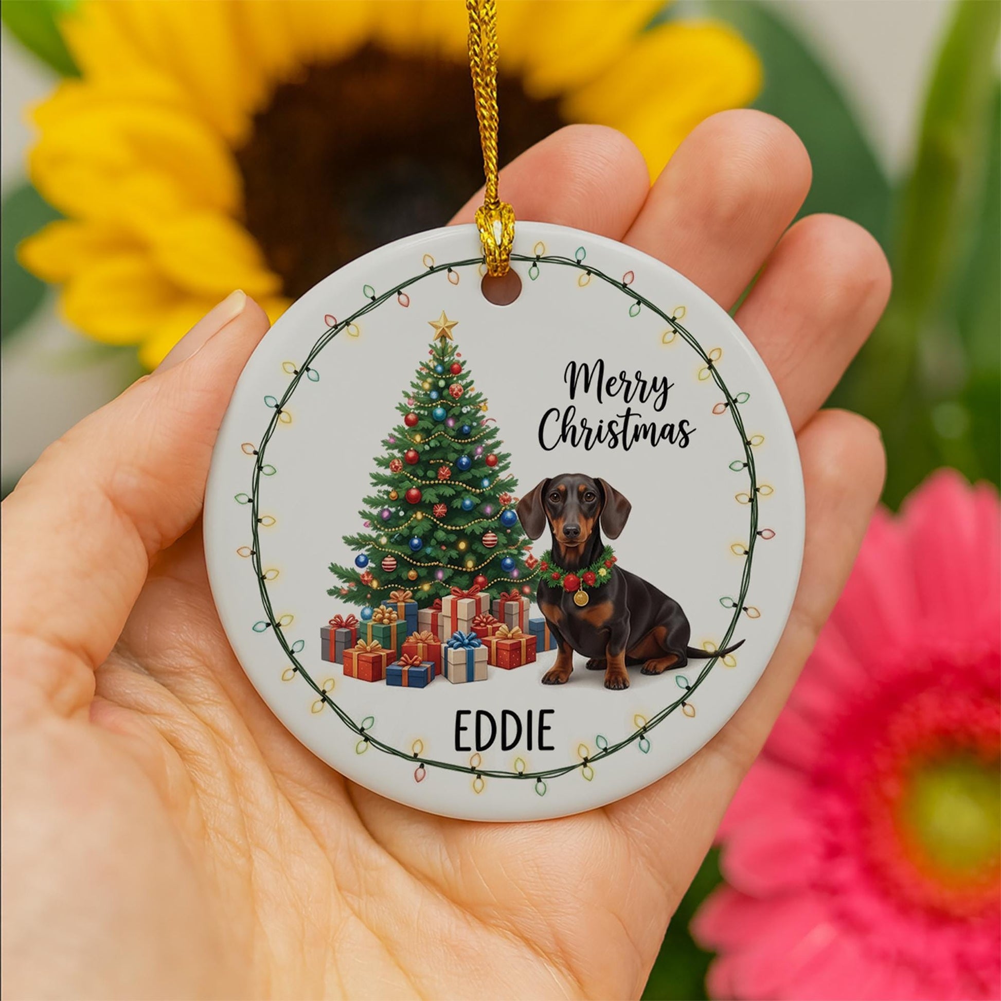 Personalized Ceramic Dog Christmas Ornament: Custom Pet Name, Tree & Lights