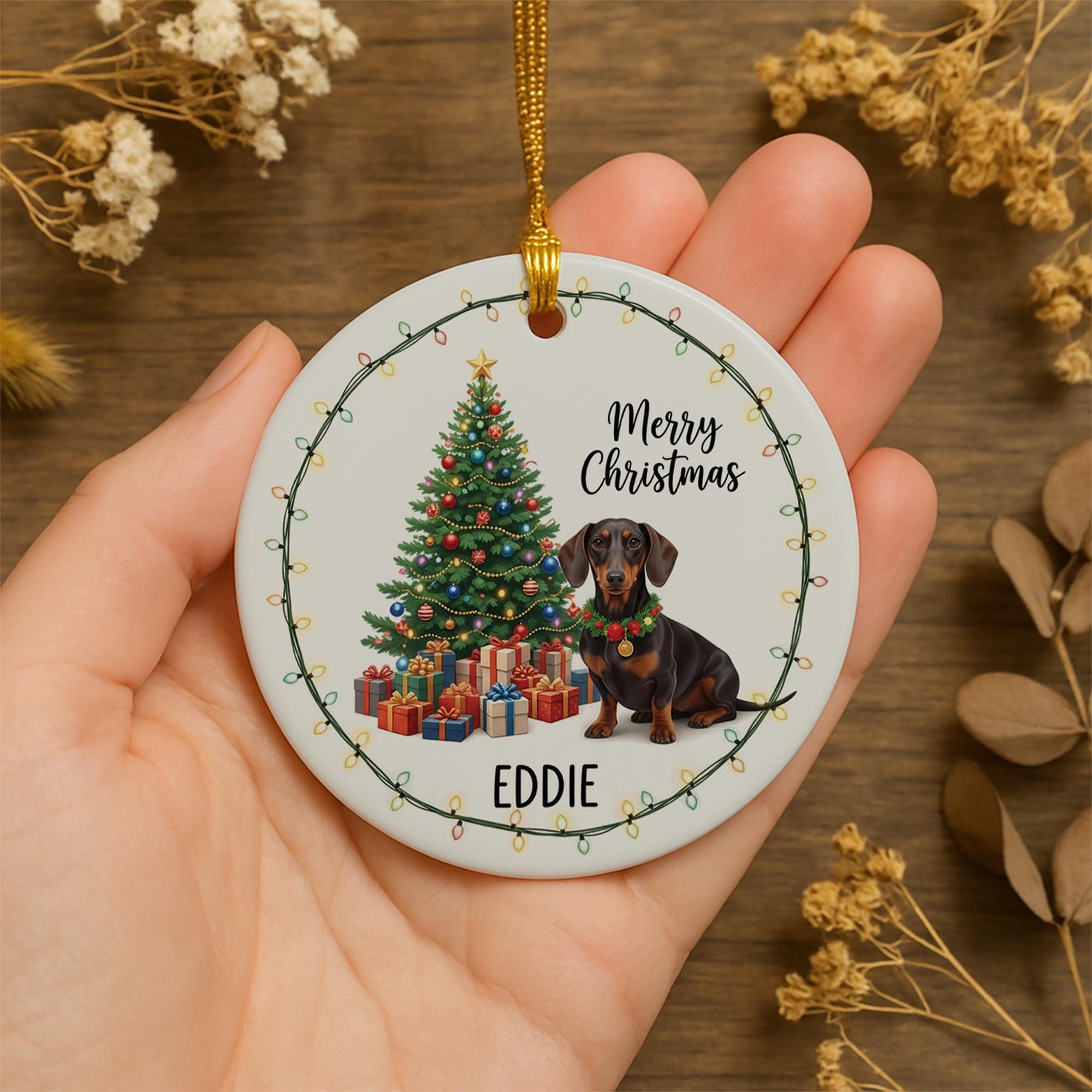 Personalized Ceramic Dog Christmas Ornament: Custom Pet Name, Tree & Lights