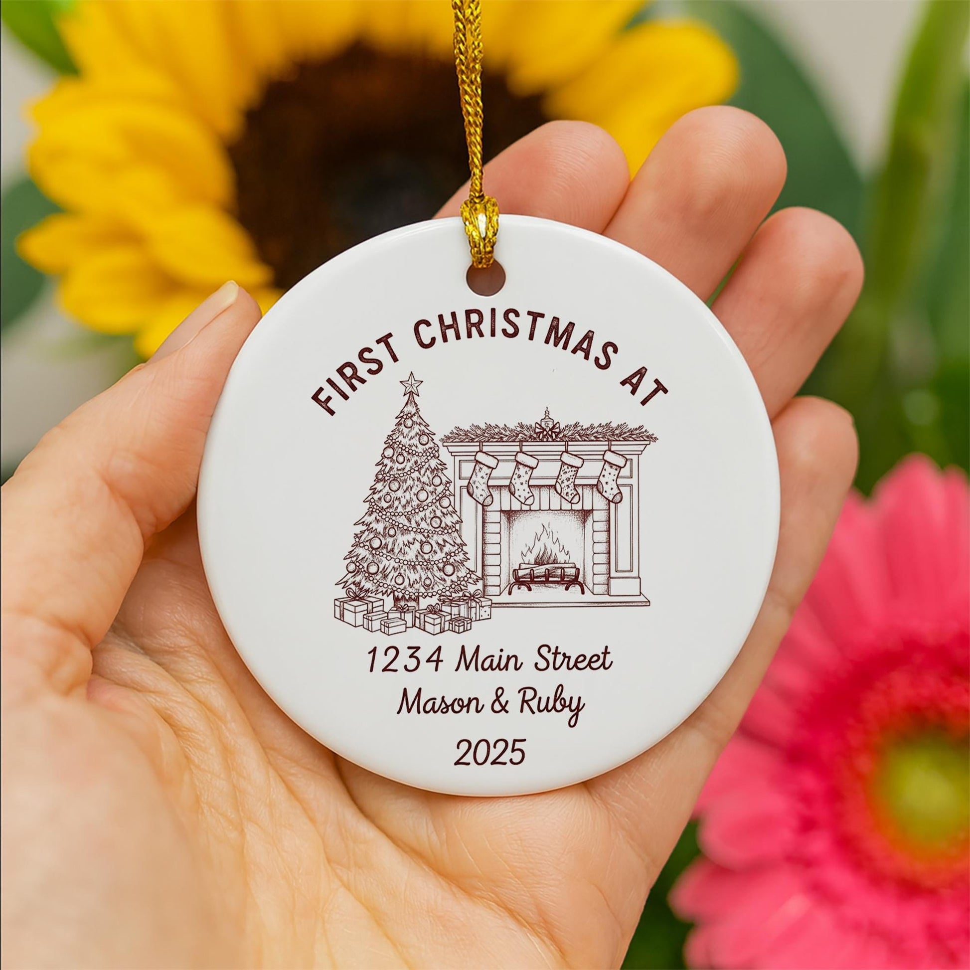 Personalized Ceramic Housewarming Ornament – First Christmas At New Home Keepsake with Address and Names