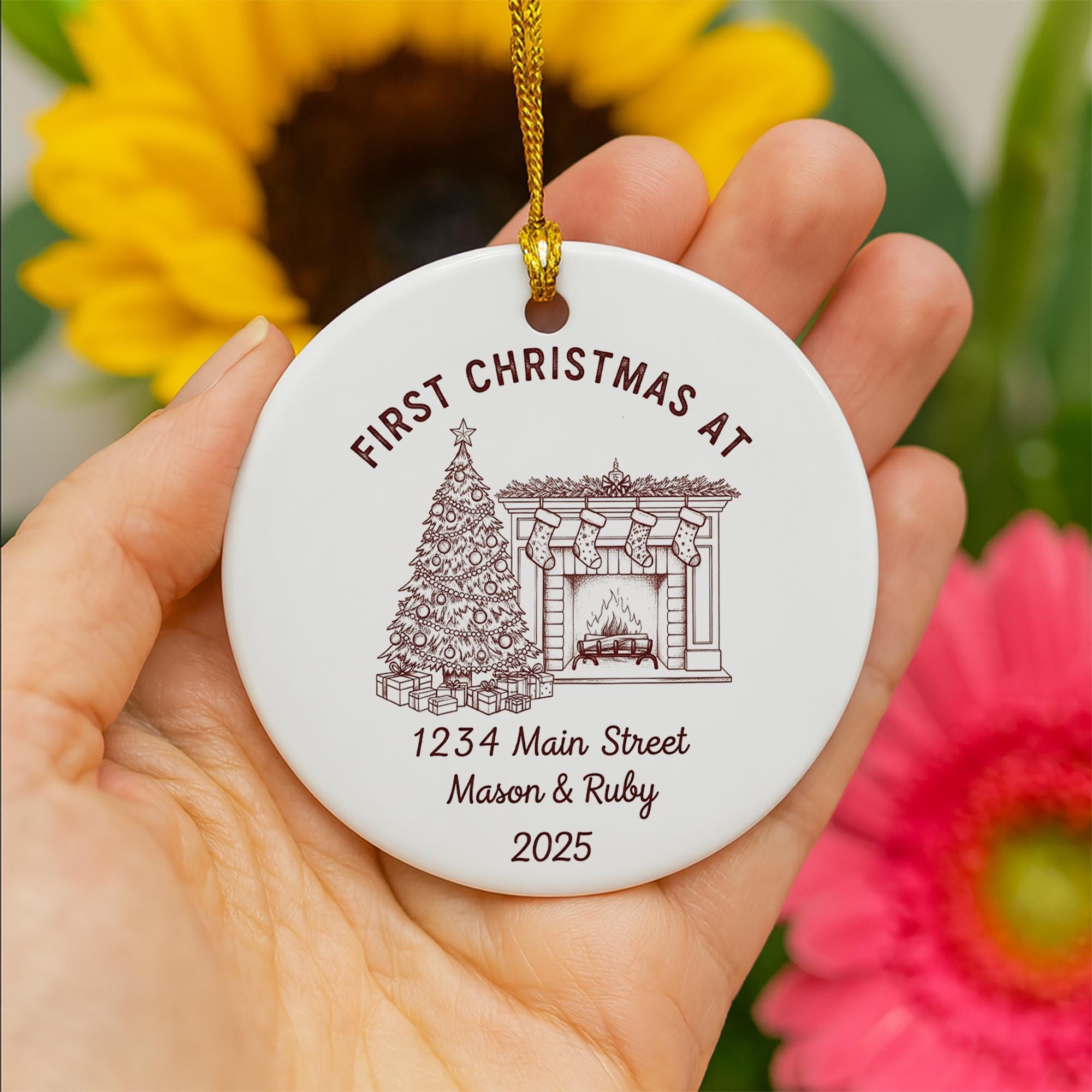 Personalized Ceramic Housewarming Ornament – First Christmas At New Home Keepsake with Address and Names
