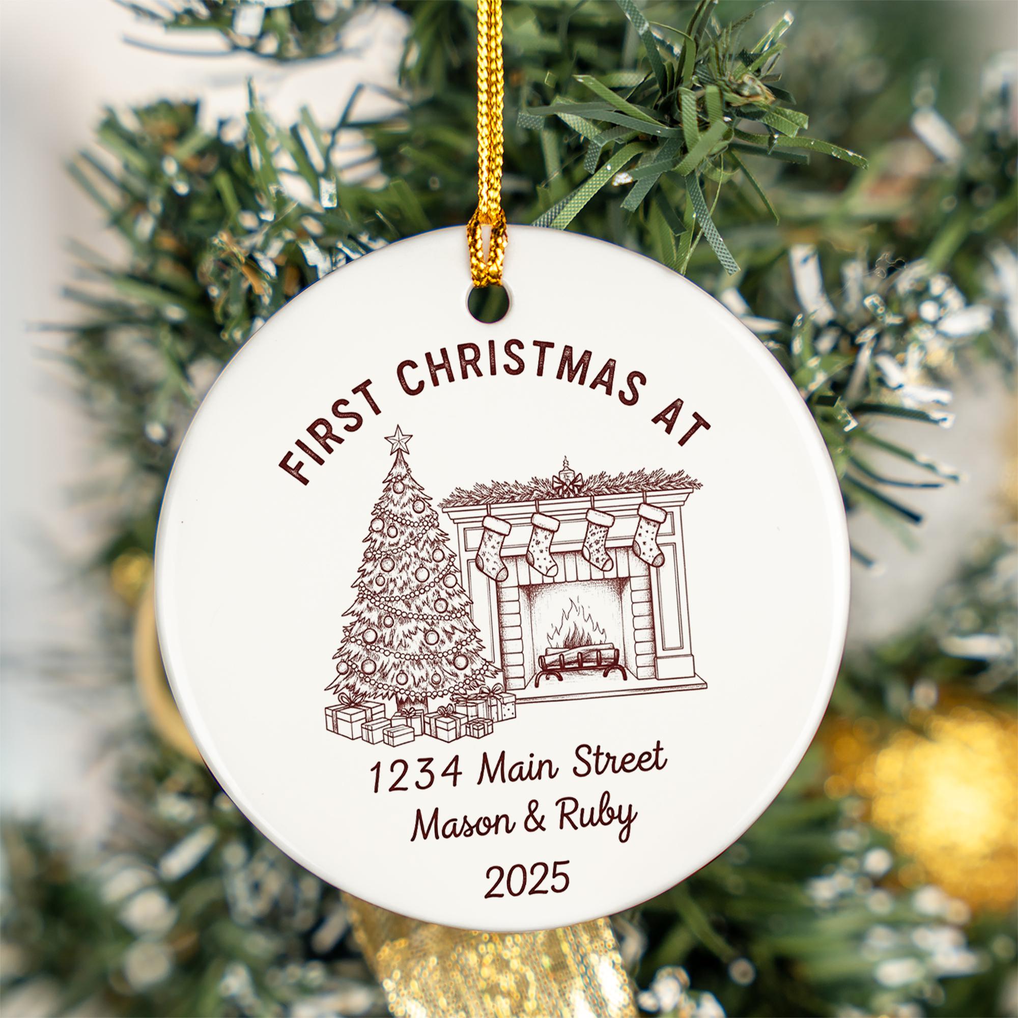 Personalized Ceramic Housewarming Ornament – First Christmas At New Home Keepsake with Address and Names