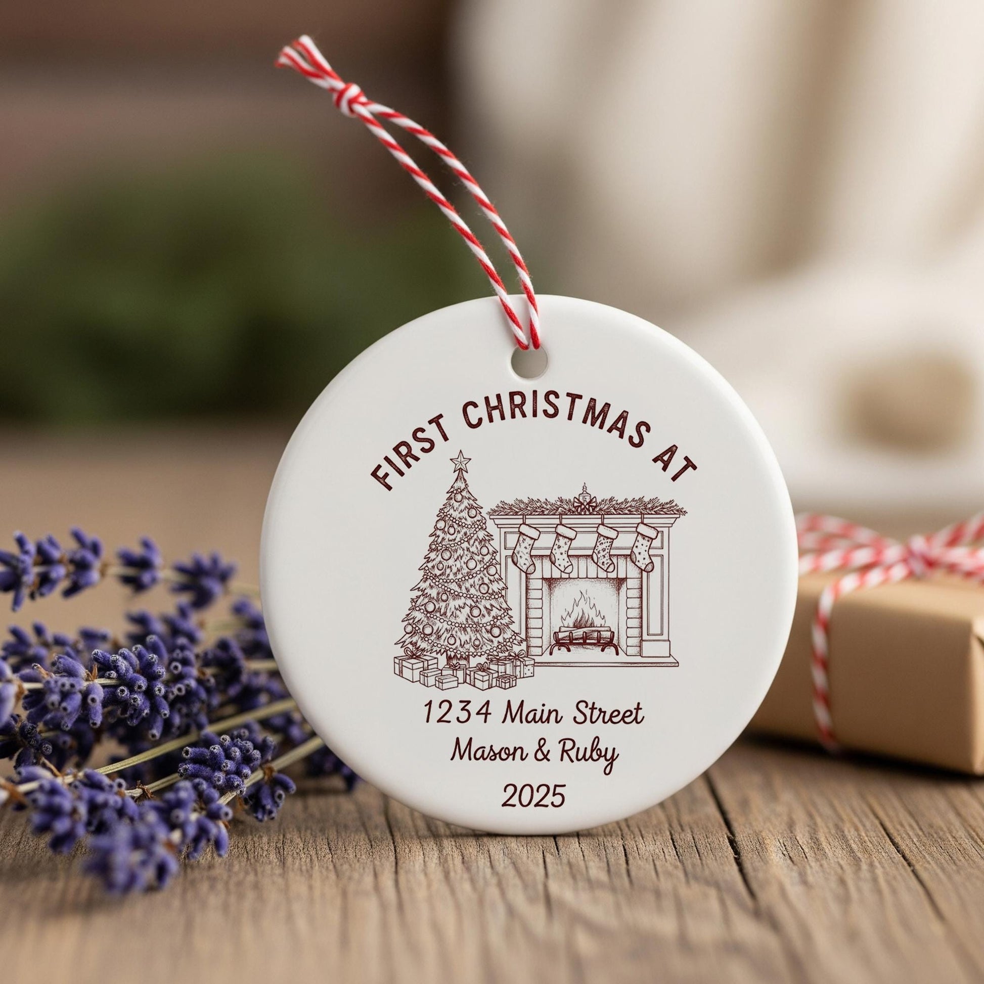 Personalized Ceramic Housewarming Ornament – First Christmas At New Home Keepsake with Address and Names