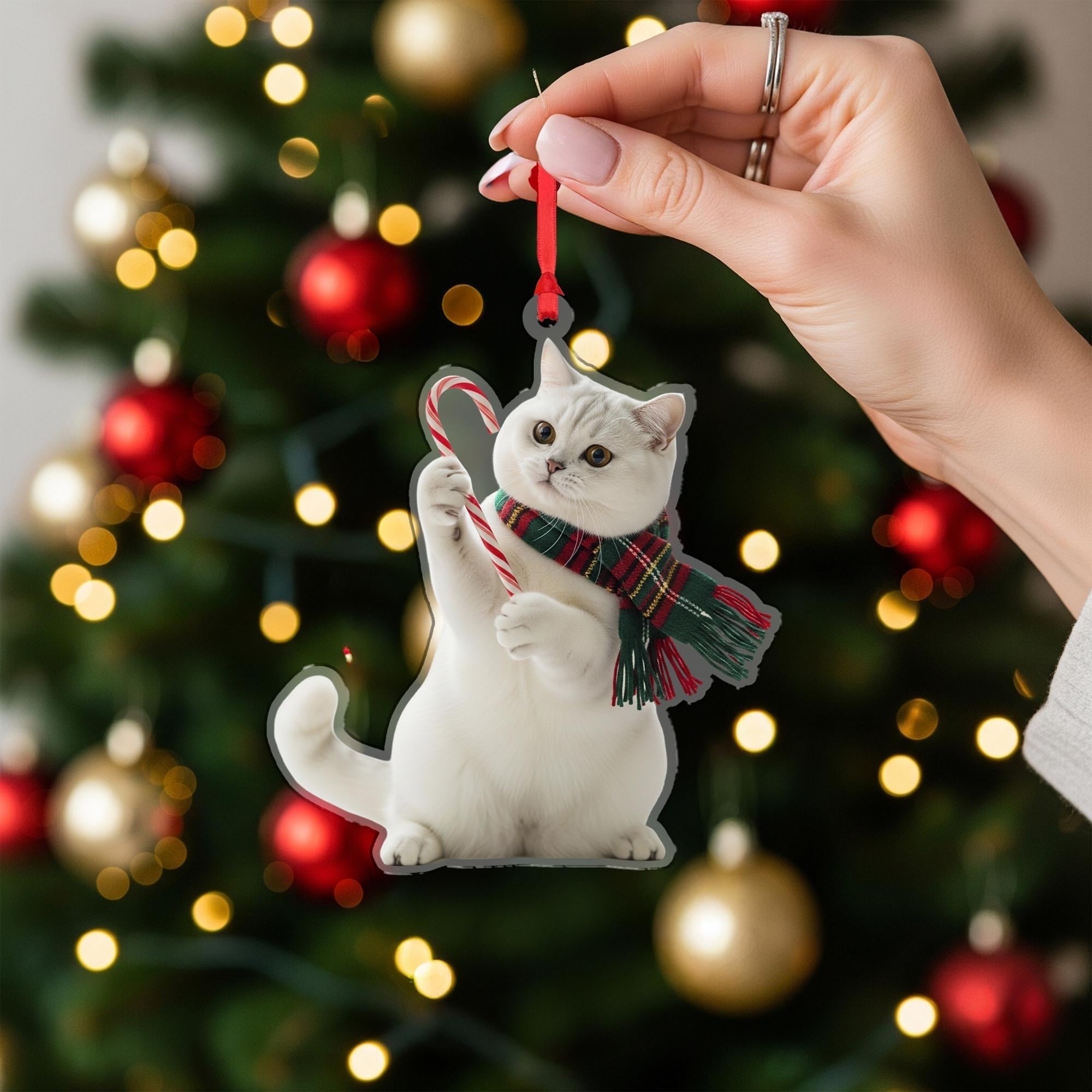 Cat Christmas Ornament – Holiday Tree Decoration with Candy Cane and Scarf Design