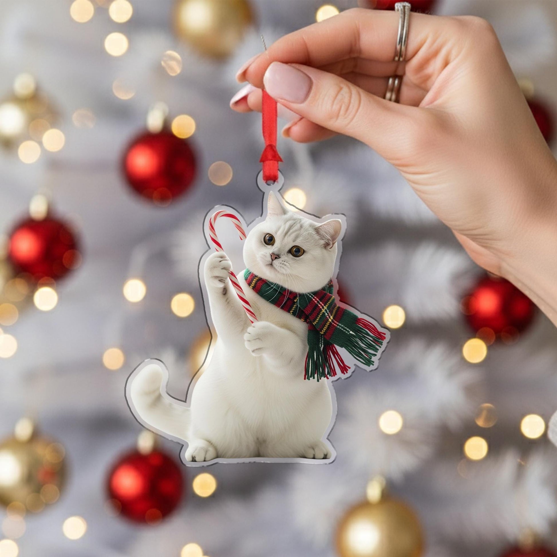 Cat Christmas Ornament – Holiday Tree Decoration with Candy Cane and Scarf Design
