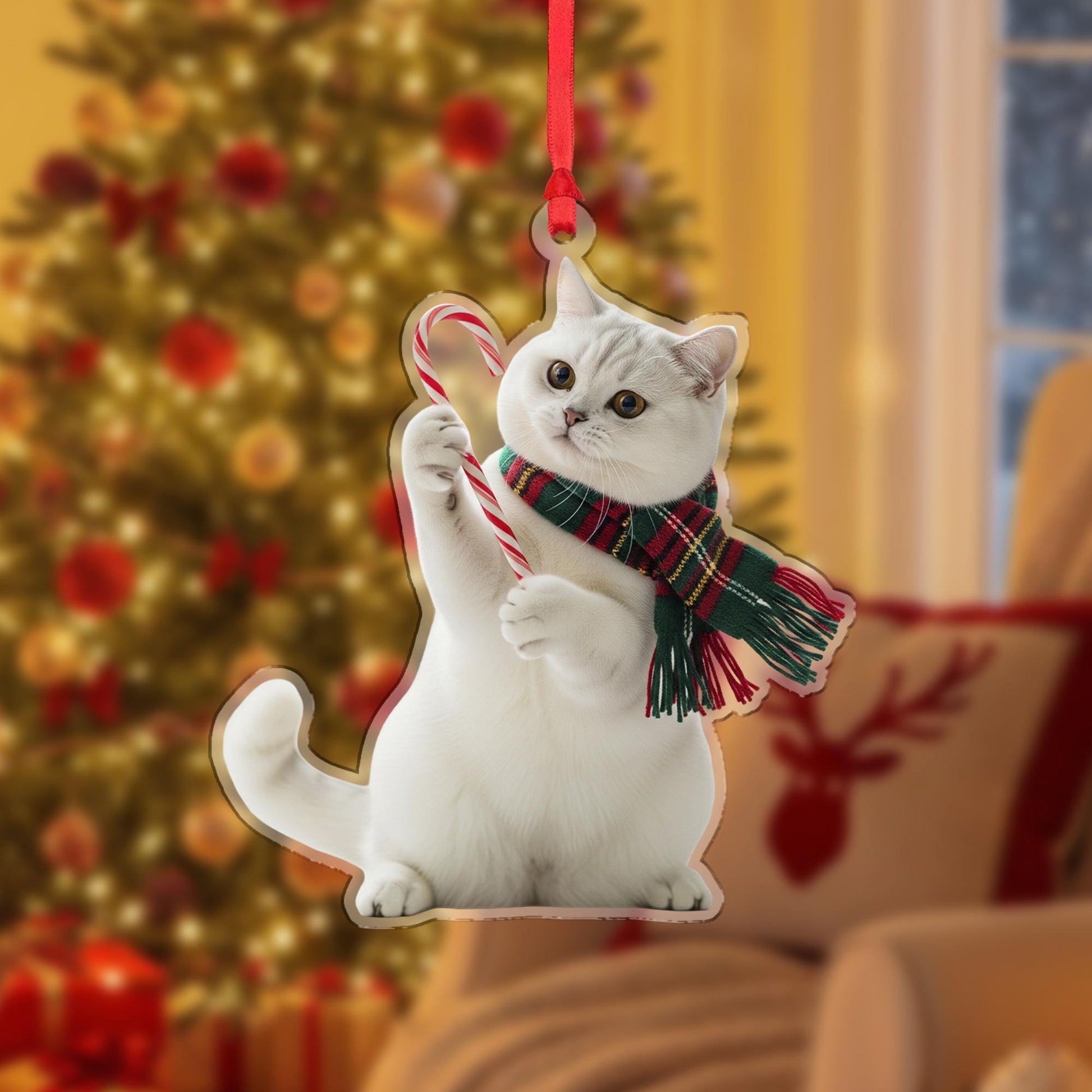 Cat Christmas Ornament – Holiday Tree Decoration with Candy Cane and Scarf Design