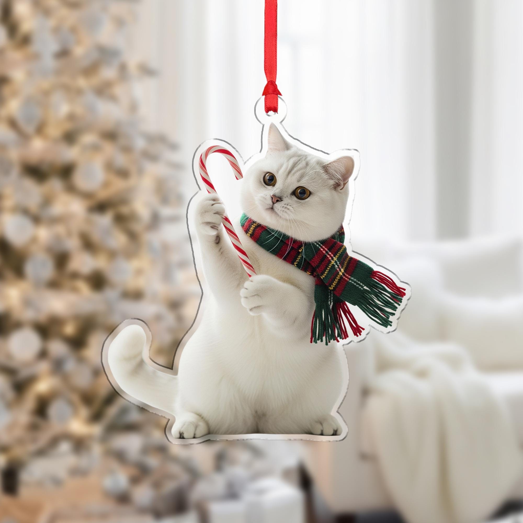 Cat Christmas Ornament – Holiday Tree Decoration with Candy Cane and Scarf Design