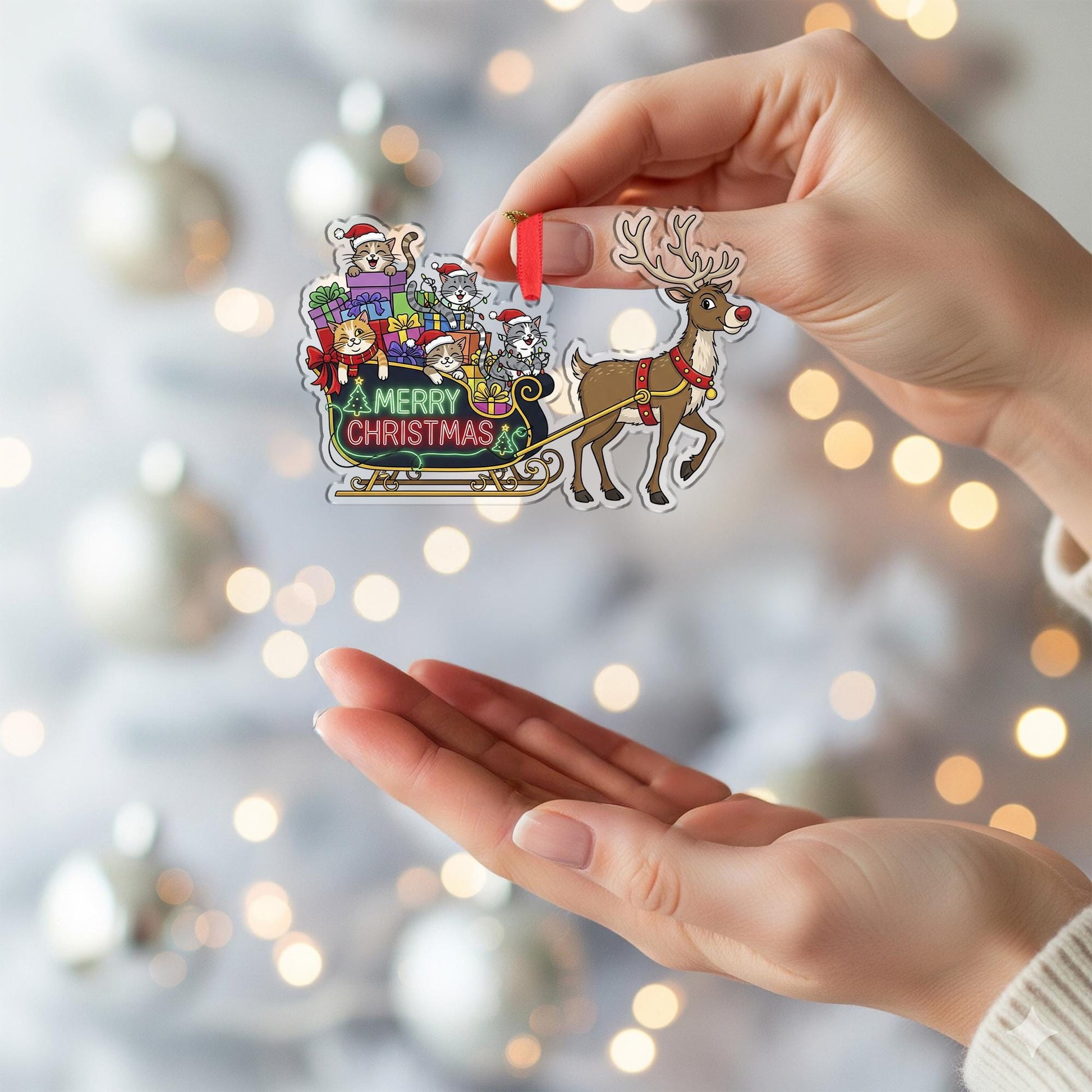 Christmas Ornament – Holiday Tree Decoration with Reindeer Sleigh and Cats Design