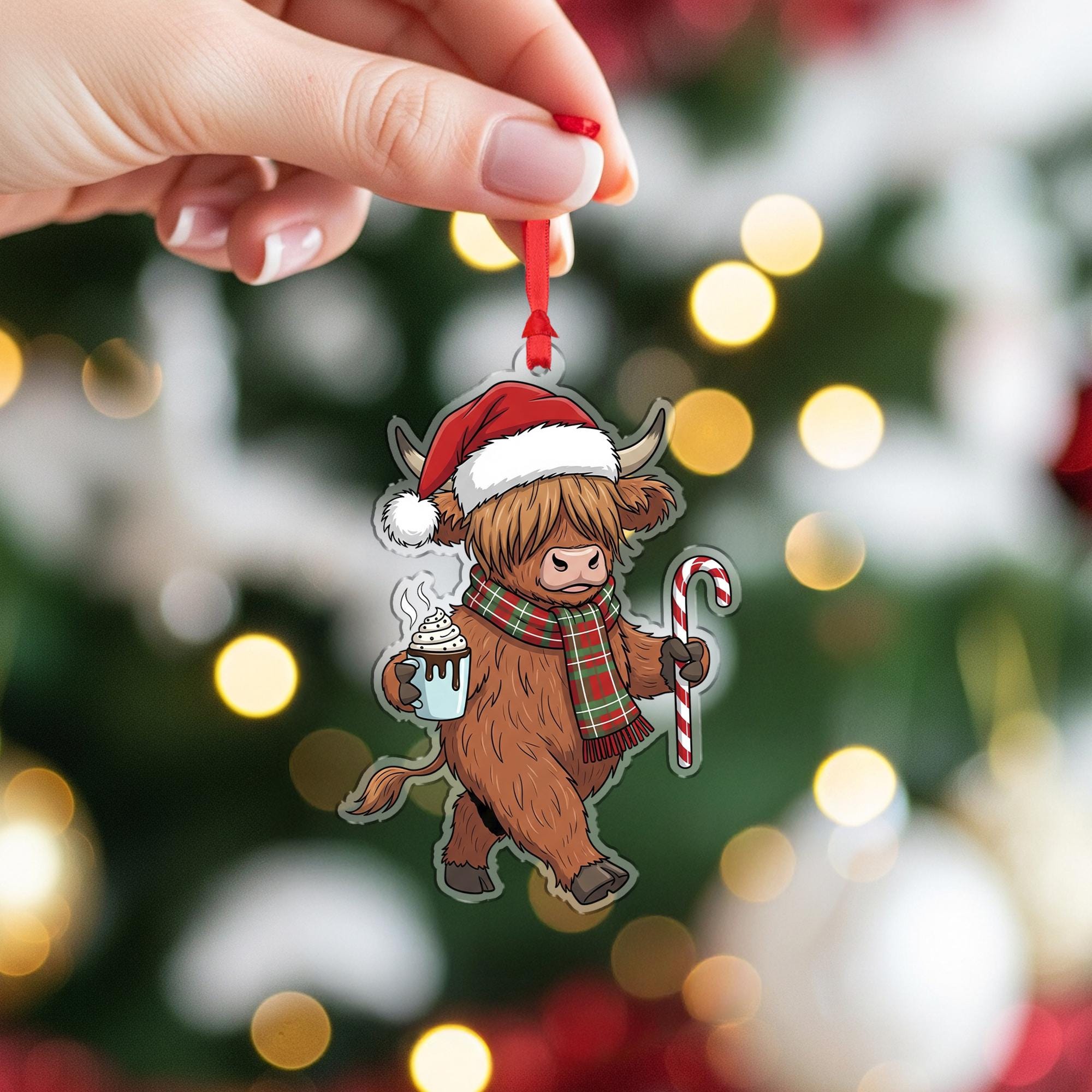 Christmas Ornament – Holiday Tree Decoration with Highland Cow, Candy Cane, and Hot Cocoa Design