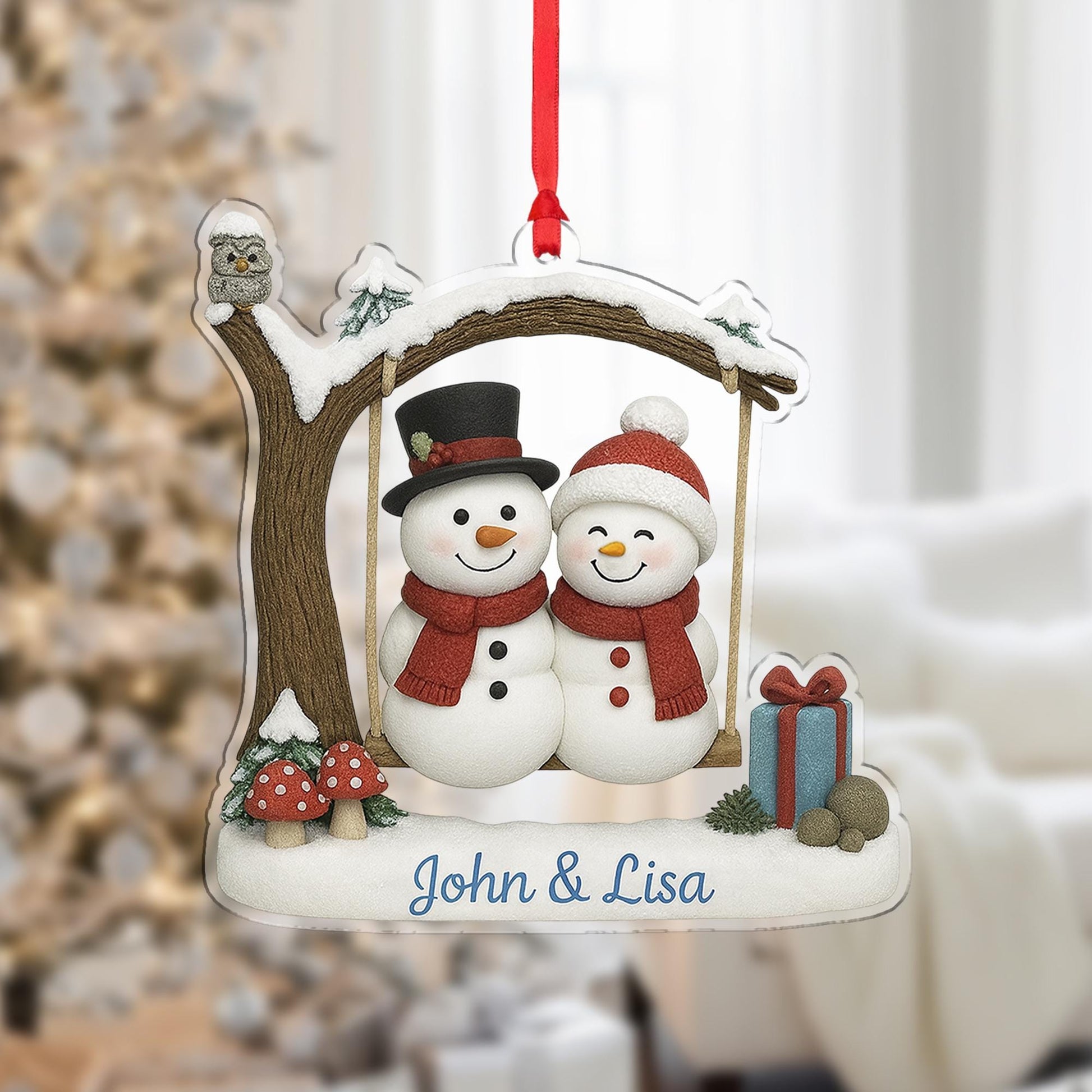 Personalized Christmas Ornament – Snowman Couple Holiday Tree Decoration with Names