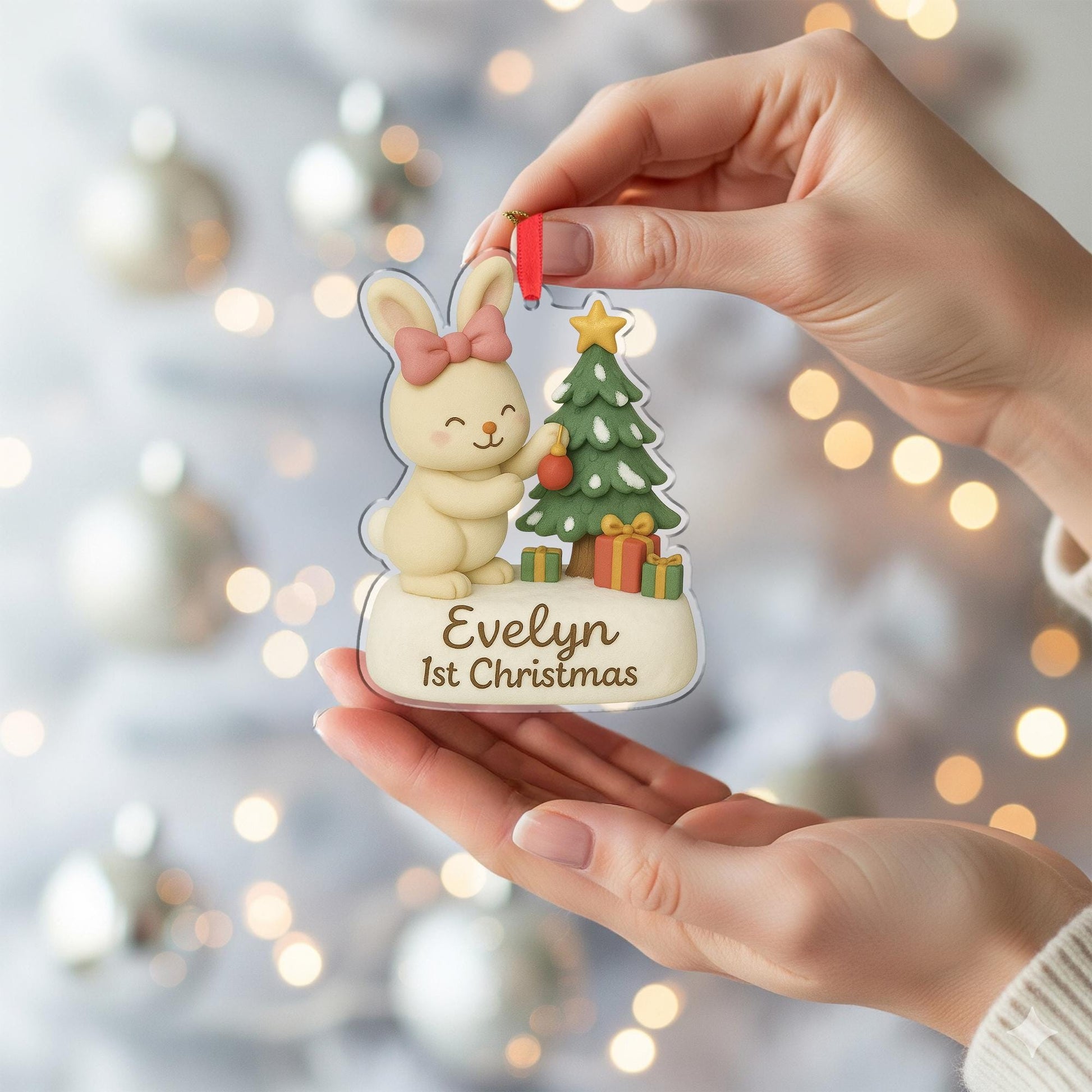 Personalized Baby’s First Christmas Ornament – Bunny with Tree and Gifts Holiday Decoration