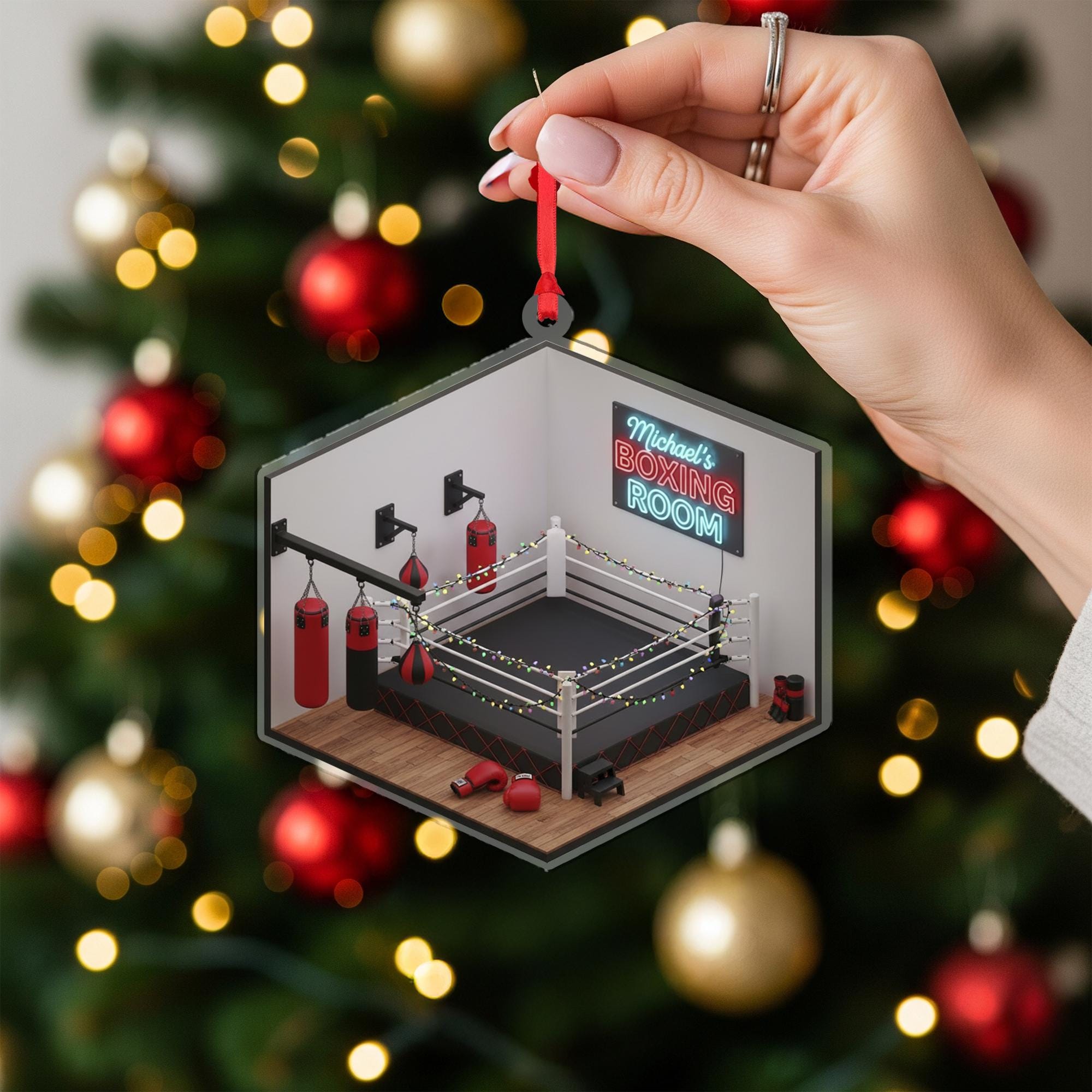 Personalized Boxing Ornament – Holiday Tree Decoration with Ring, Gloves, and Training Room Design